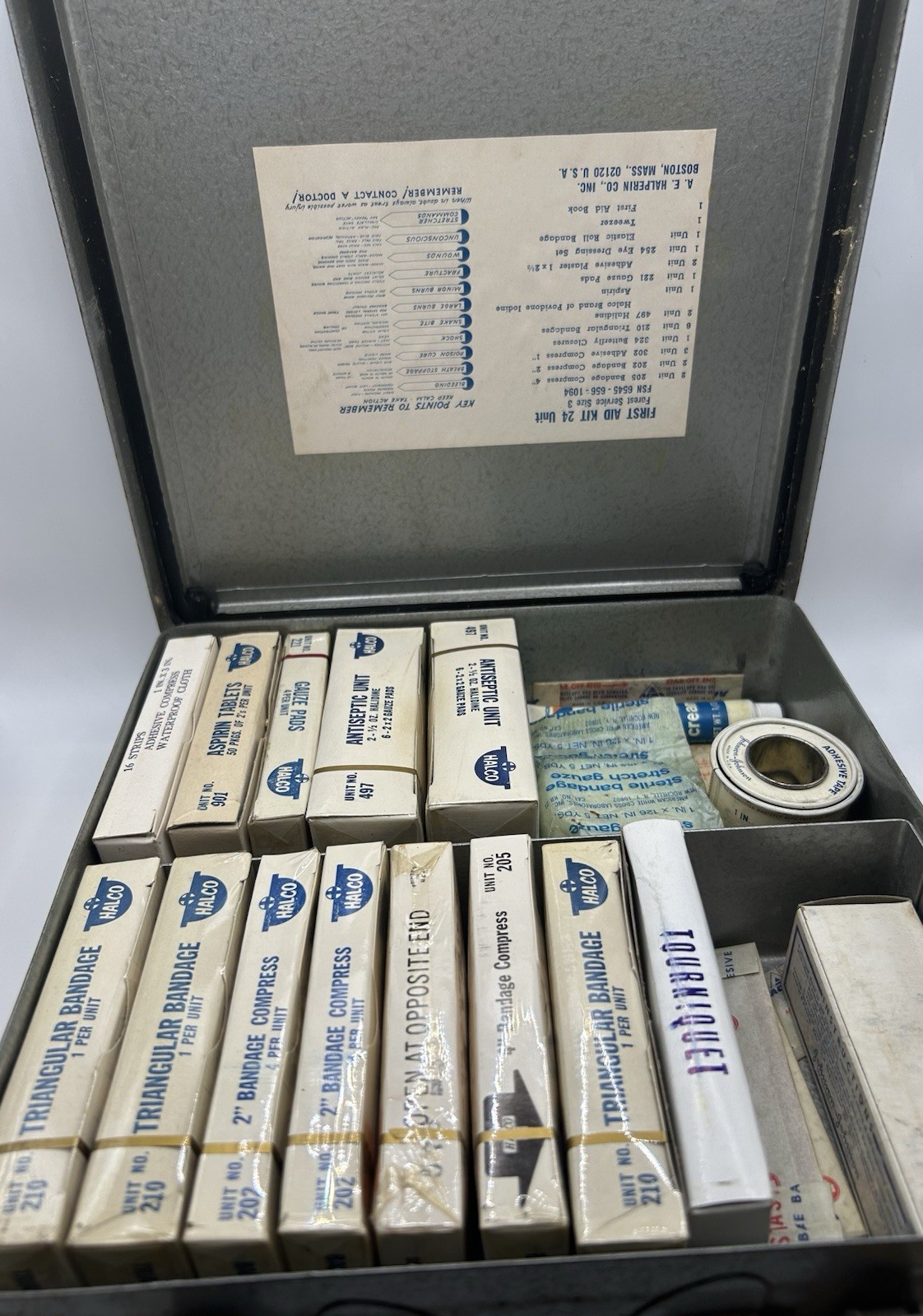 Vintage 1960s HALCO Metal First Aid Kit Case w/ Original Contents