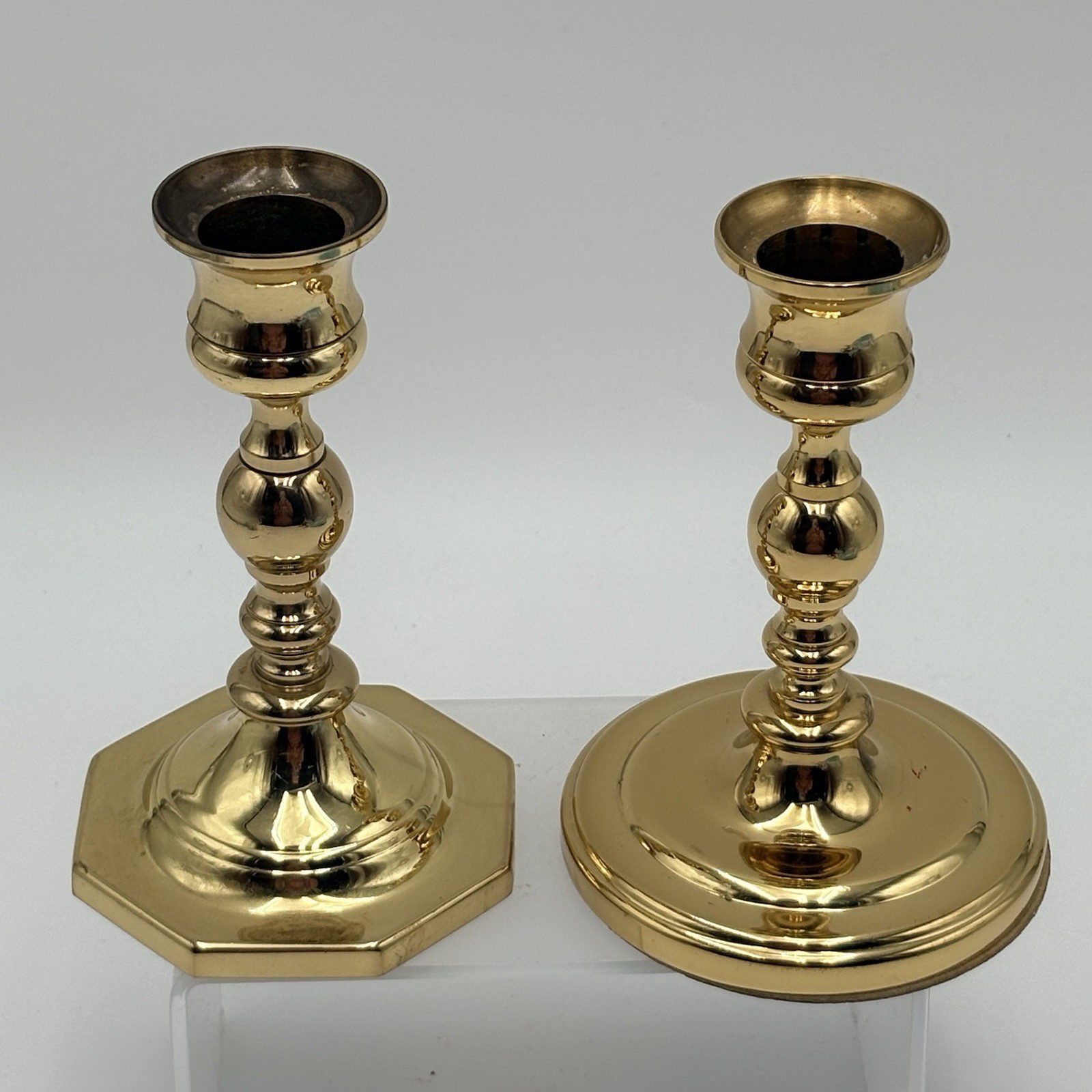 Baldwin Solid Brass Candlestick Holders Lot of 2 6” Round Octagon Bases 80s