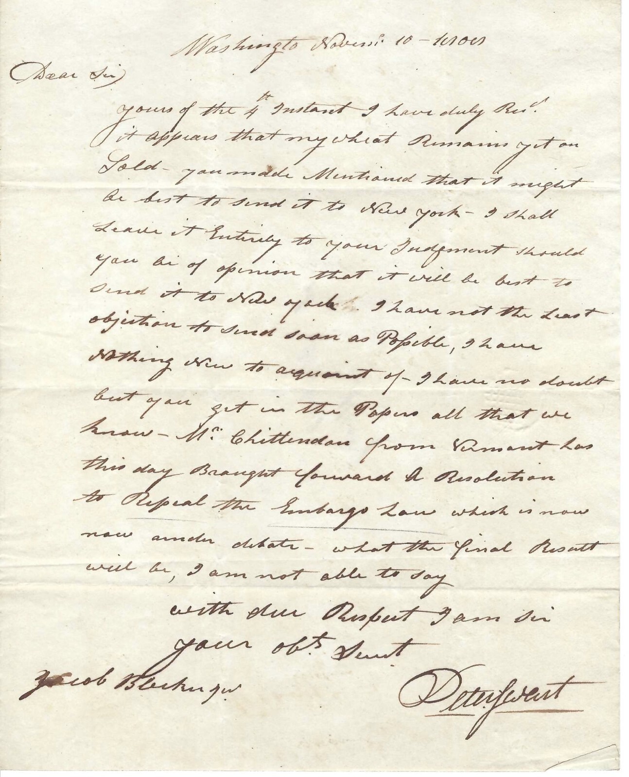 New York Congressman, Wary Over His Wheat Sales, Supports Repealing 1807 Embargo