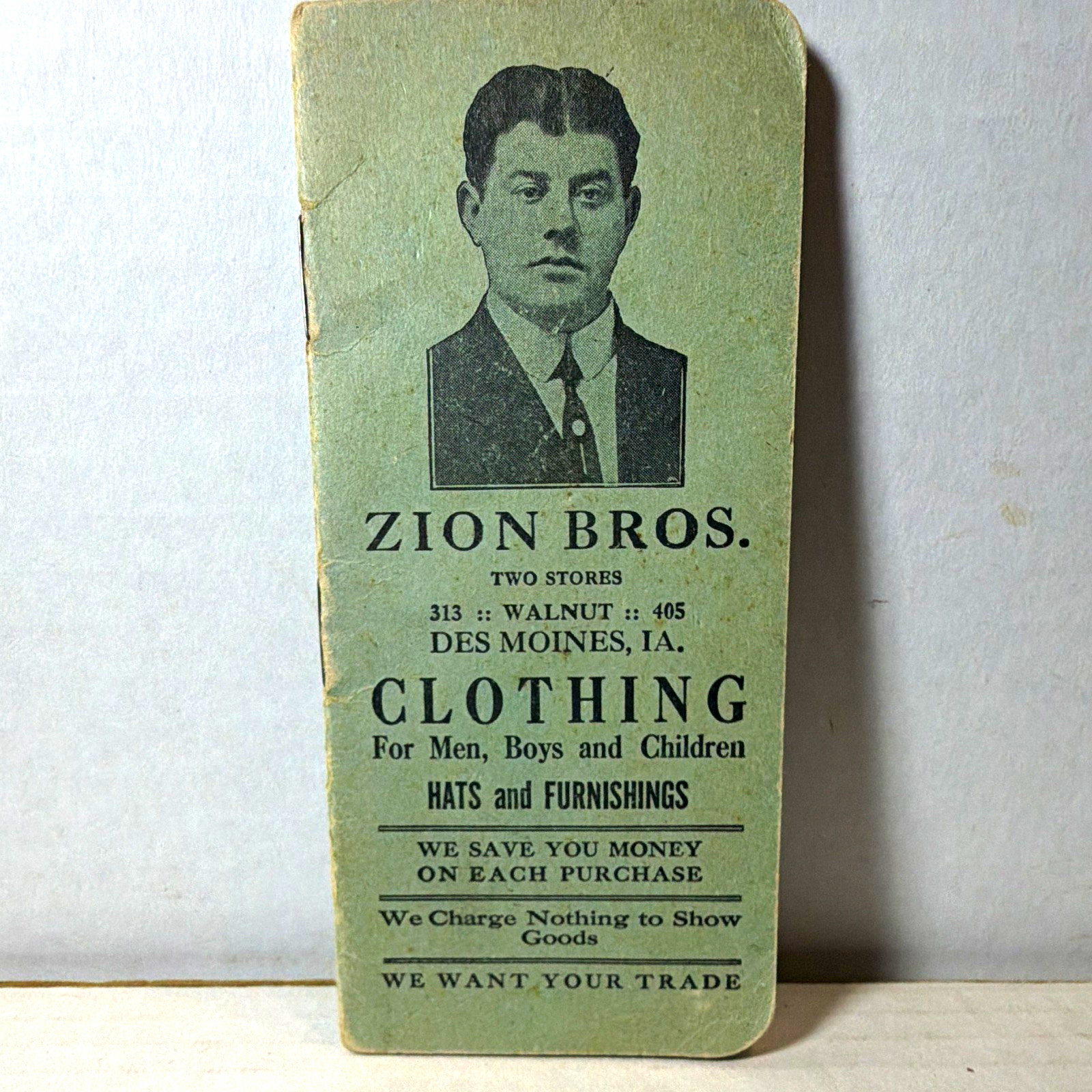 Zion Bros. Vintage Des Moines IA Clothing Advertising Pocket Notebook Green