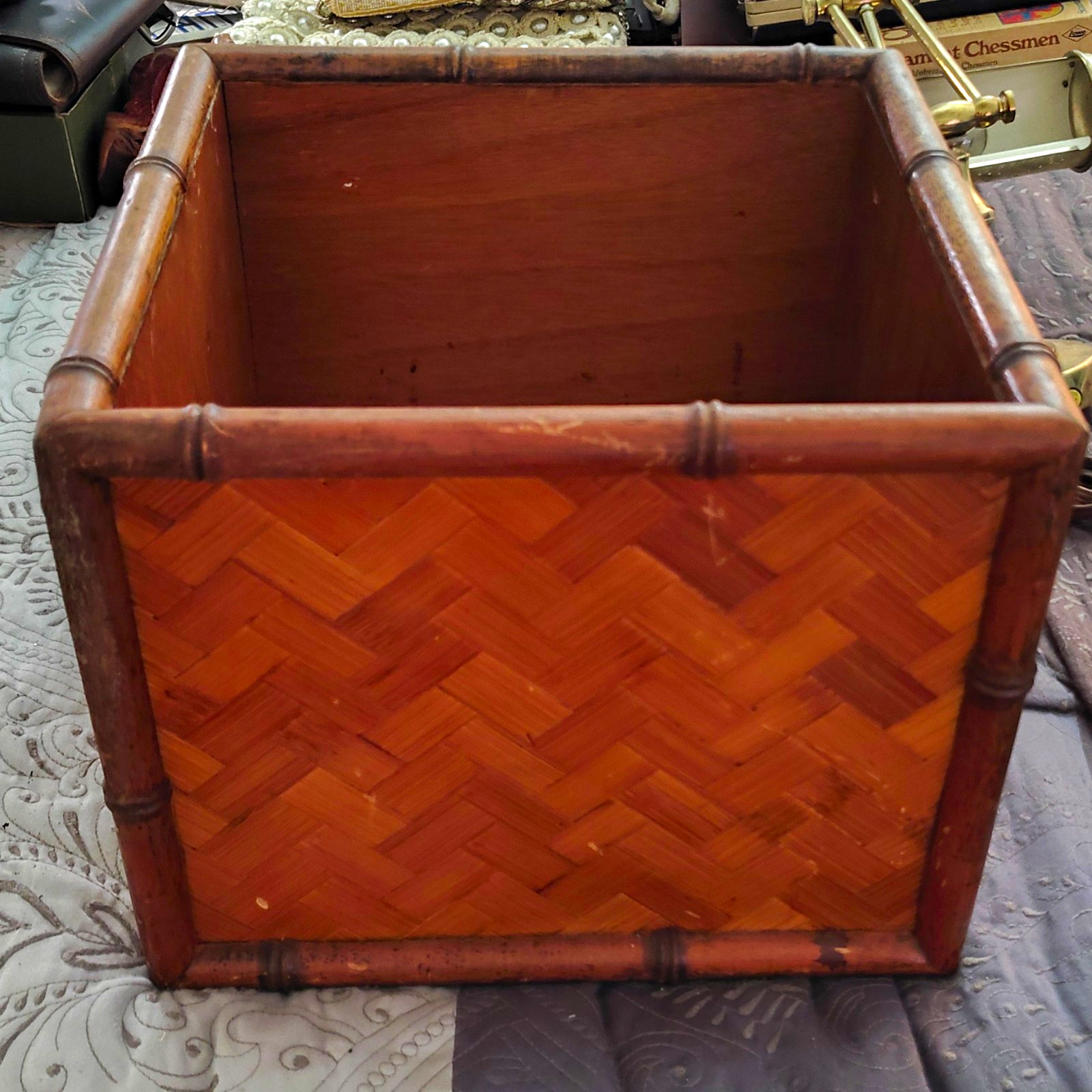 Vintage Mid Century Bamboo Rattan Planter Cube Basket Chevron Herringbone MCM