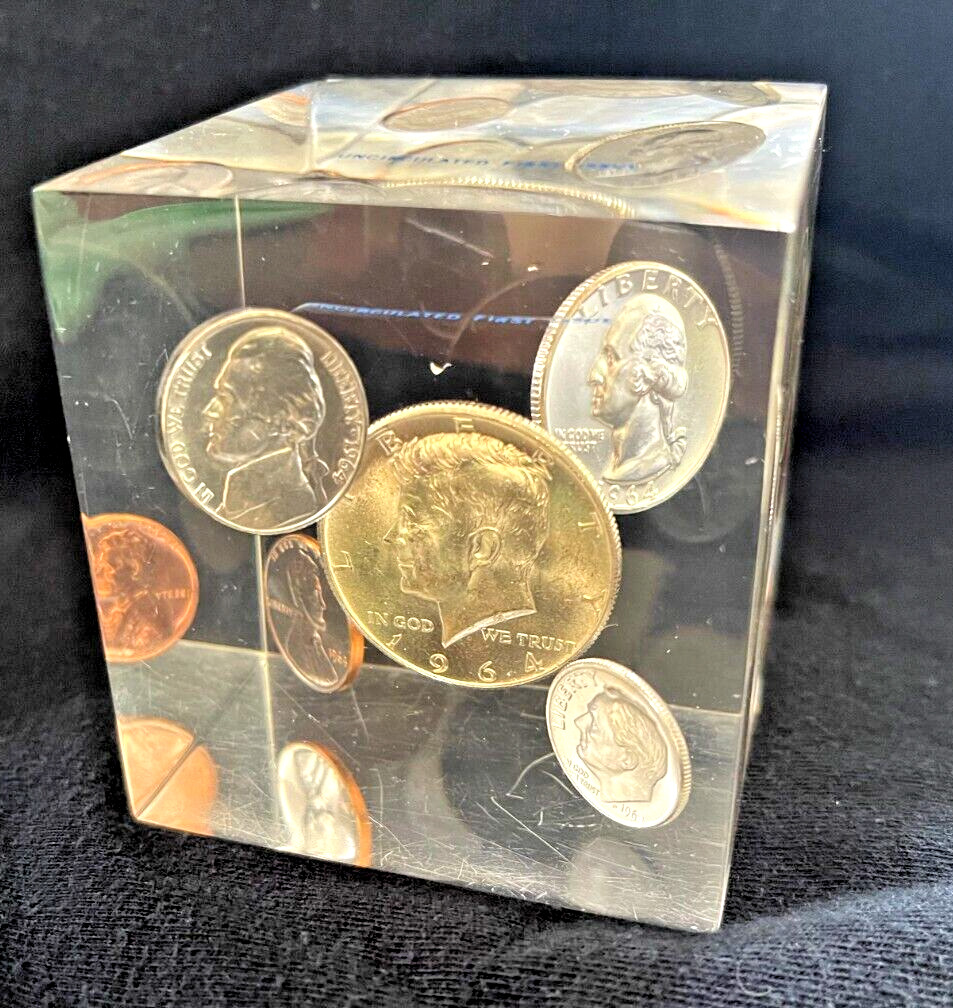 1964 U.S. Coins Lucite Cube Paperweight - Silver Half, Quarter, and Dime