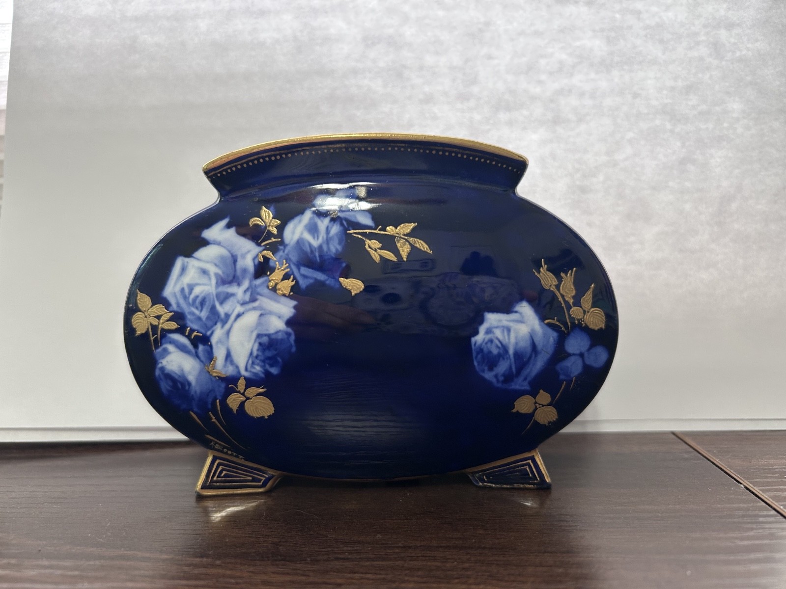 Royal Doulton Cobalt Blue Porcelain Vase with Floral Motifs and Gold Accents