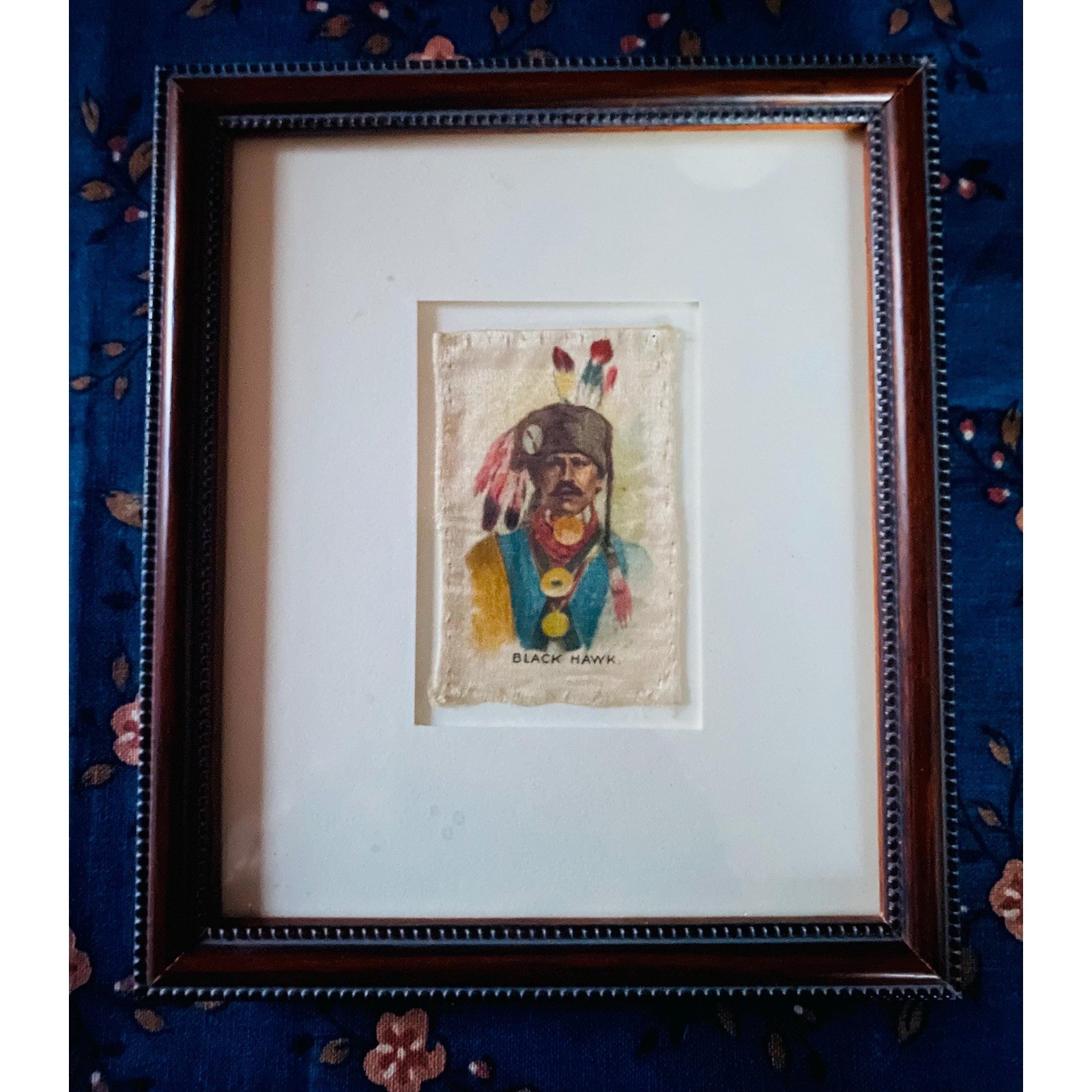 Vintage Framed Tobacco Silk Art, Native American Chief, Collectible