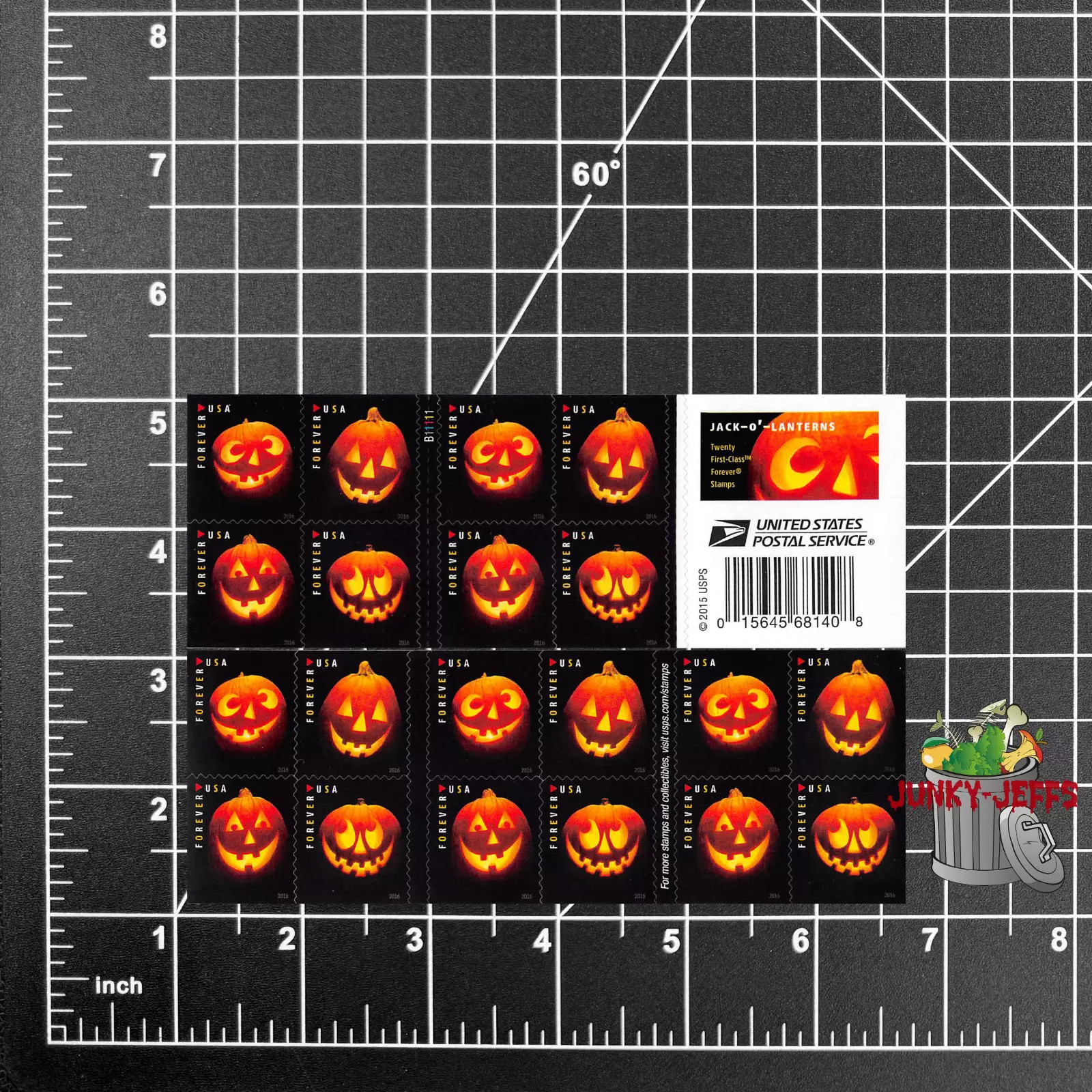  SHEET OF 20 FIRST CLASS LETTER STAMPS HALLOWEEN JACK-O'-LANTERNS 2016