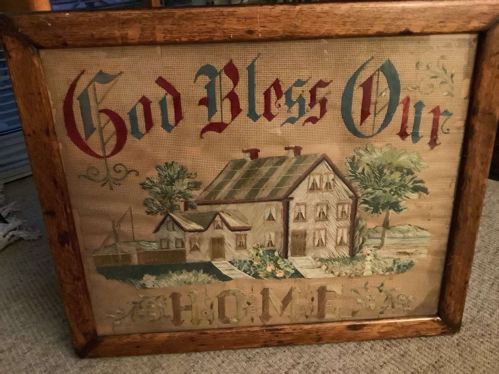 Antique Victorian Folk Art God Bless Our Home Embroidery Needlework On Paper