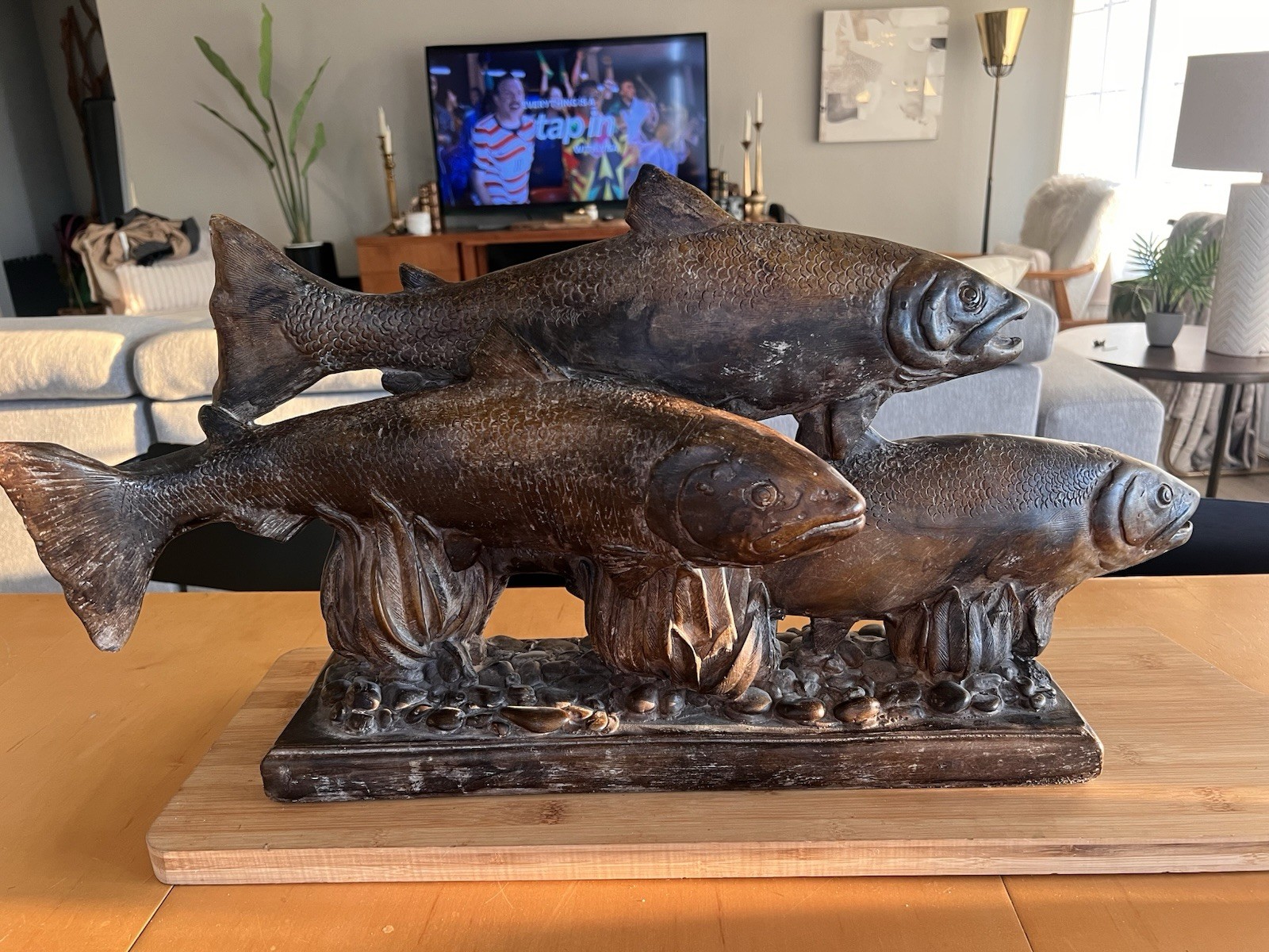 Vintage Attila Tivadar Trout Fish Sculpture MCM Cast Stone Faux Bronze AN-12