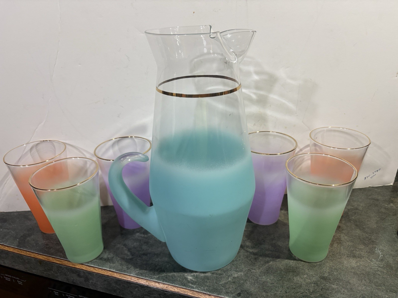 Vintage Blendo Frosted Pastel Pitcher & 6 Tumblers Set West Virginia Glass 1950s Vintage Blendo Frosted Pastel Pitcher & 6 Tumblers Set West Virginia Glass 1950s