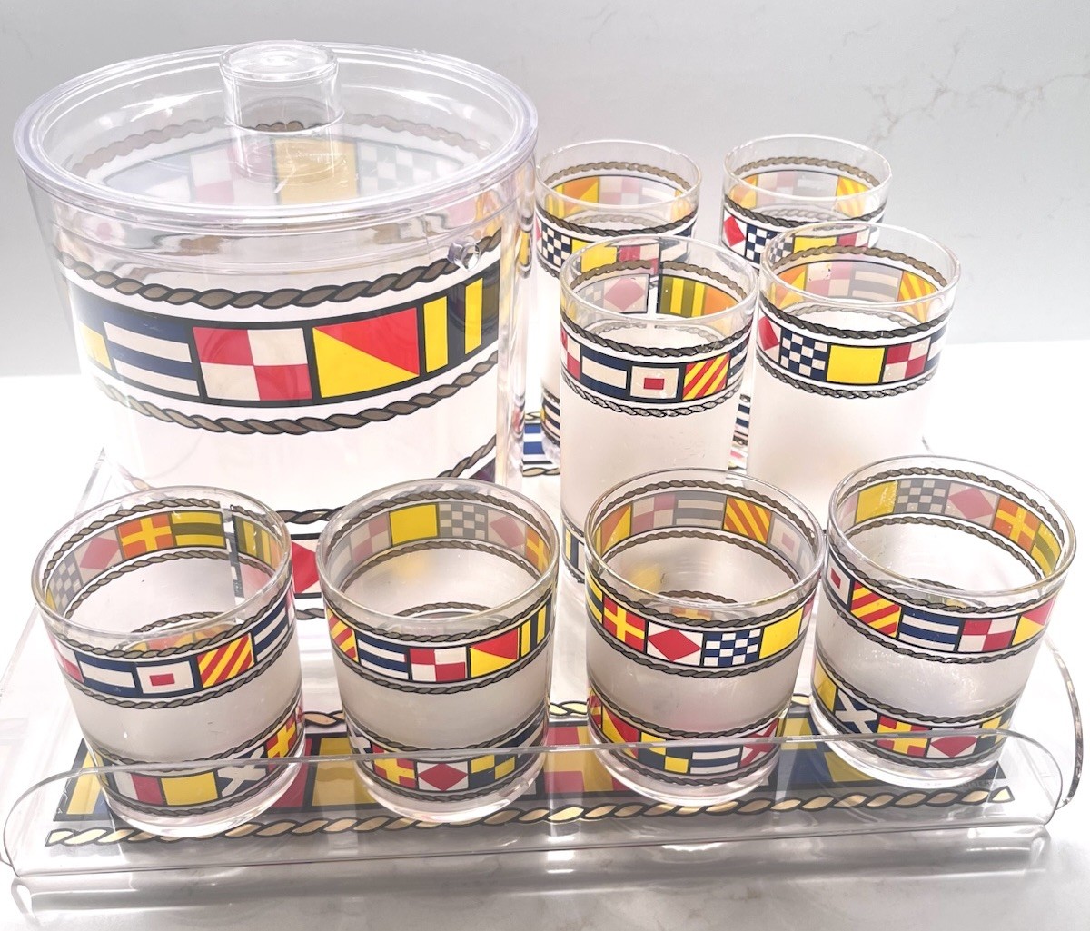 Vtg HJ Stotter Nautical Signal Flags Drink Ware Set Ice Bucket Tray Glasses Boat