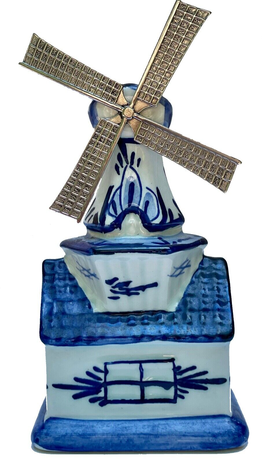 Vintage Authentic Blue Delft Pottery Windmill W/Moving Metal Blades 4.5
