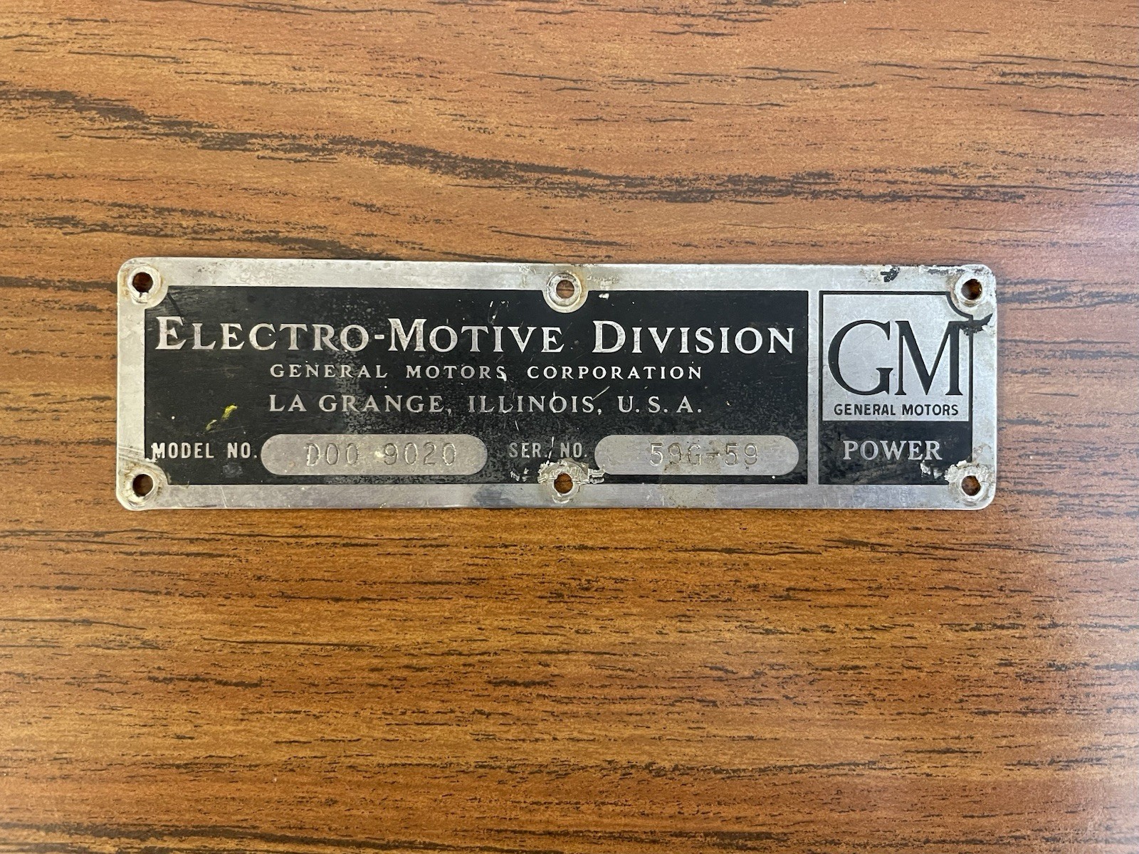 Vintage GM EMD Electro-Motive Equipment ID Plate Model D00 9020 Serial 59G-59
