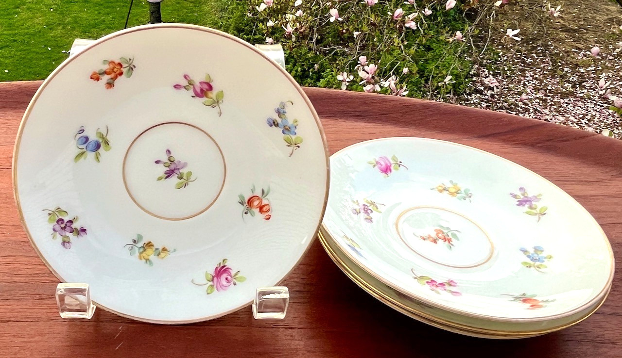 4 Antique Dresden Rose Teacup Saucers, Gold Rose Stamp Scattered Flowers set 4