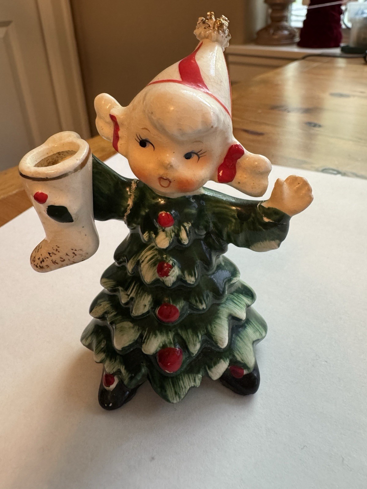 Vintage Lefton Ceramic Christmas Girl In Tree Dress With Stocking