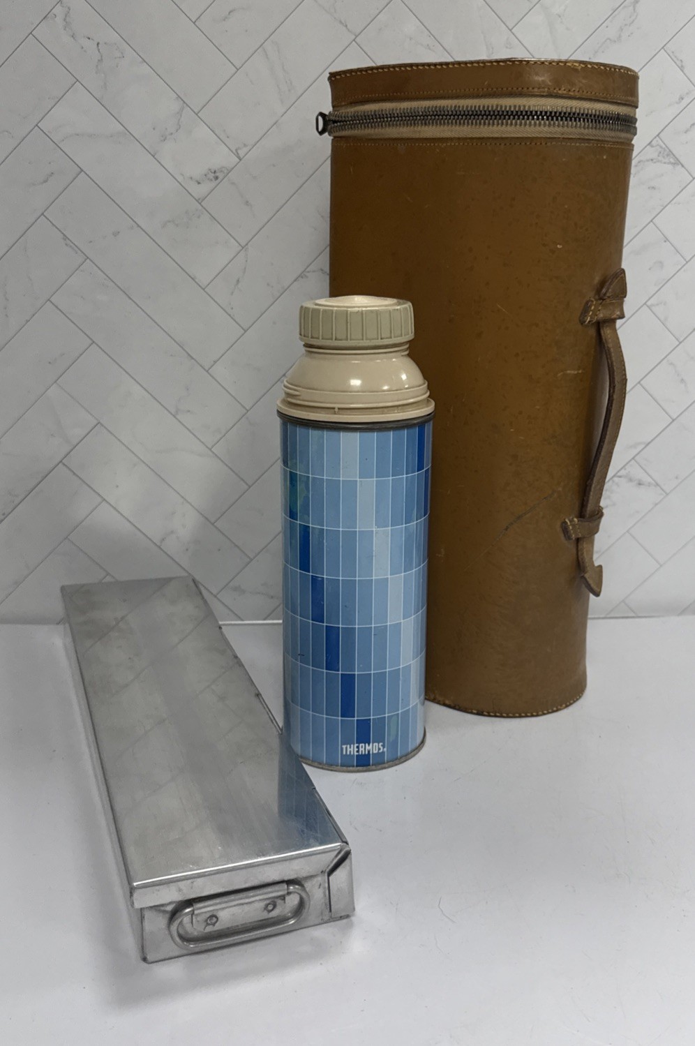 Vintage King Seeley Thermos Blue 1 Quart Bottle Lunch Box Case Metal Tin Set