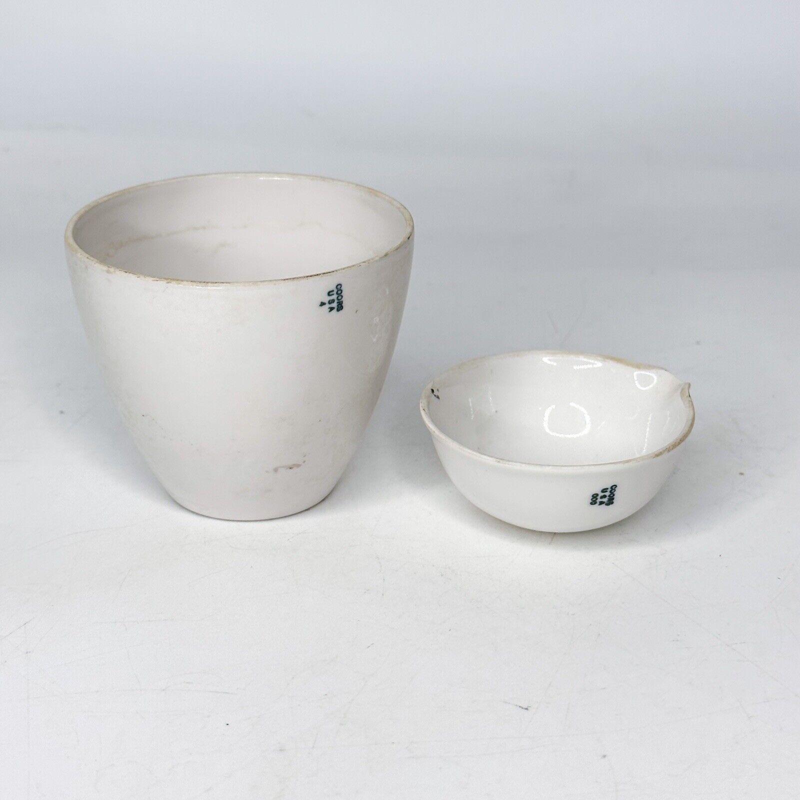 Vintage 2 pc COORS USA 000 4 Porcelain Apothecary Lab Pharmacy Bowls Spouts Cups