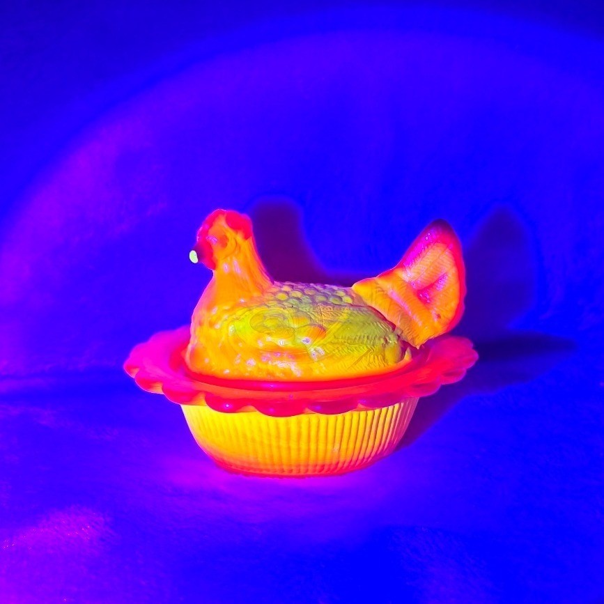 Vintage Mosser Red Orange Slag Glass Mini Hen on Nest Trinket Dish Cadmium Glow