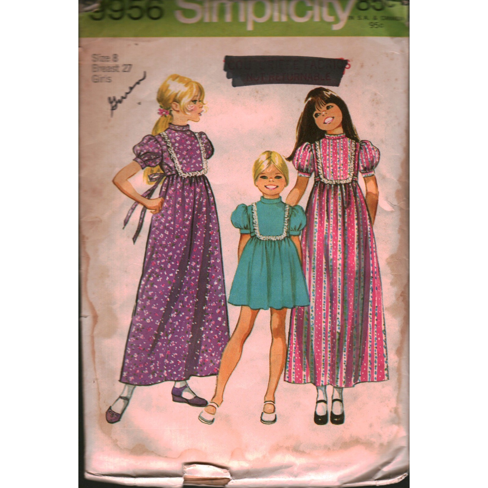 Vintage 1971 Simplicity 9956 Girls Dress Sewing Pattern Size 8 Breast 27 Boho