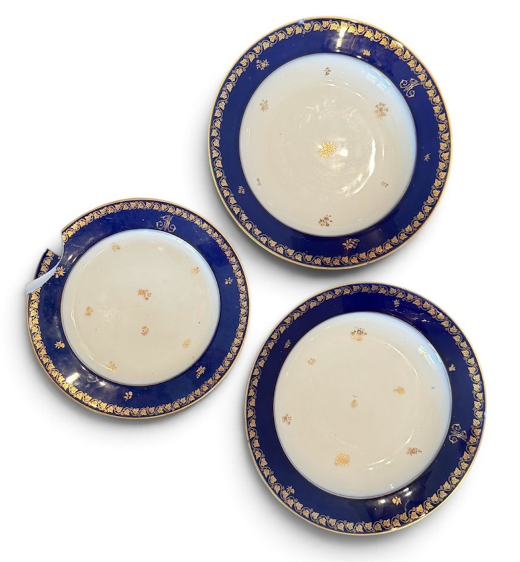 Fine Rare Navy Blue Dore Sevres China Porcelain 2 Soup 1 side plate