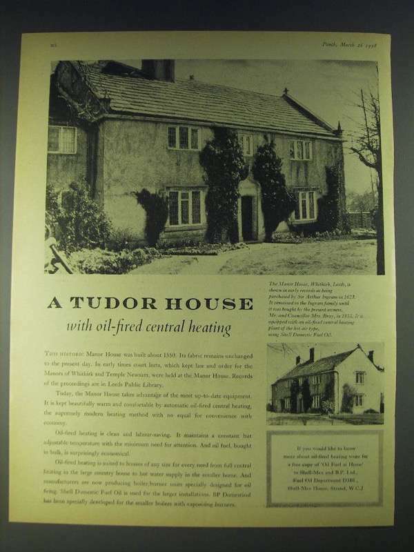 1958 Shell Domestic Fuel Oil Ad - A Tudor house with oil-fired central heating