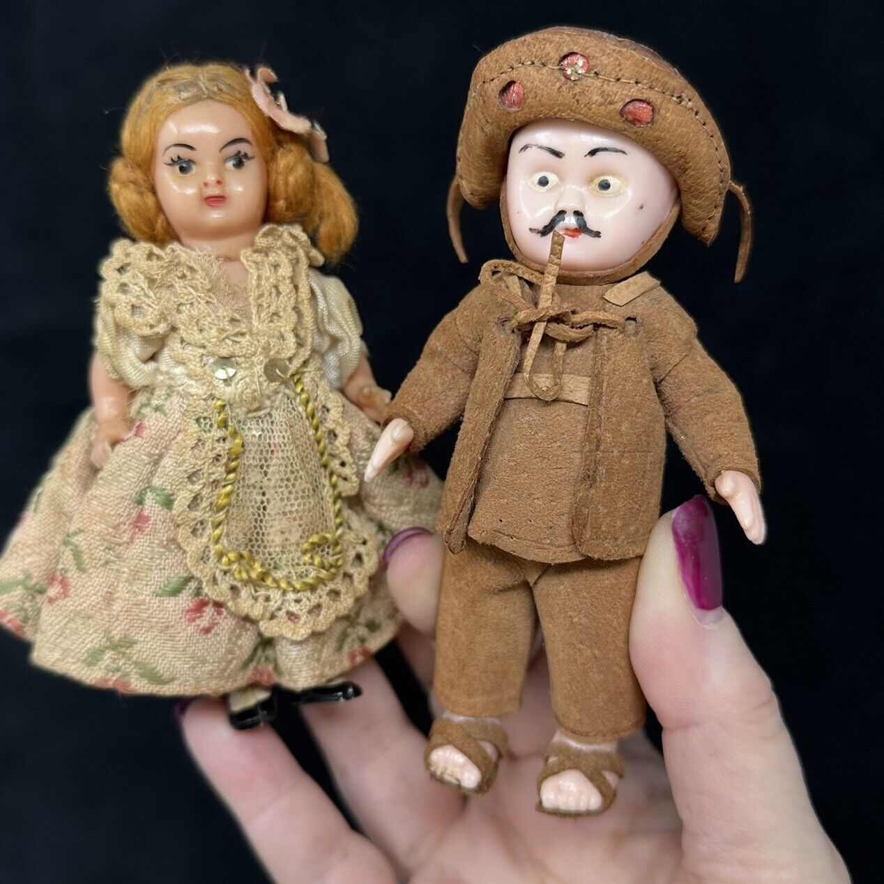 2 MINIATURE Dolls Celluloid Mexican Figurines Leather Original Dress VTG 4”H
