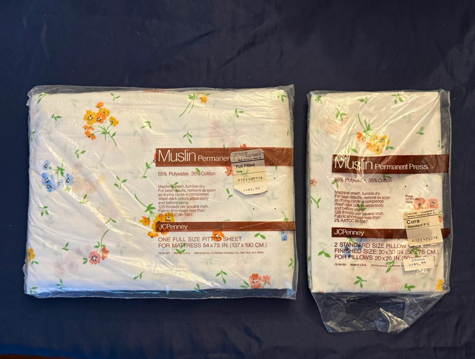 VTG JCPenney 1970s Cora Muslin Permanent Press Full Fitted Sheet & 2 Pillowcases