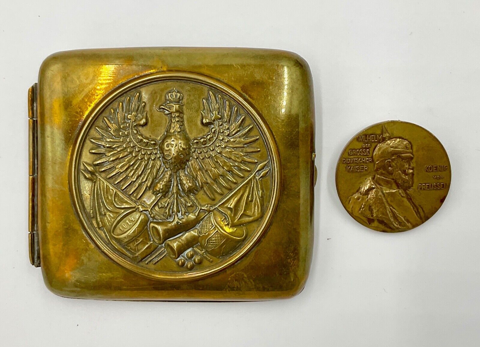 Antique Prussian Cigarette Case and Kaiser Wilhelm I Bronze Medallion