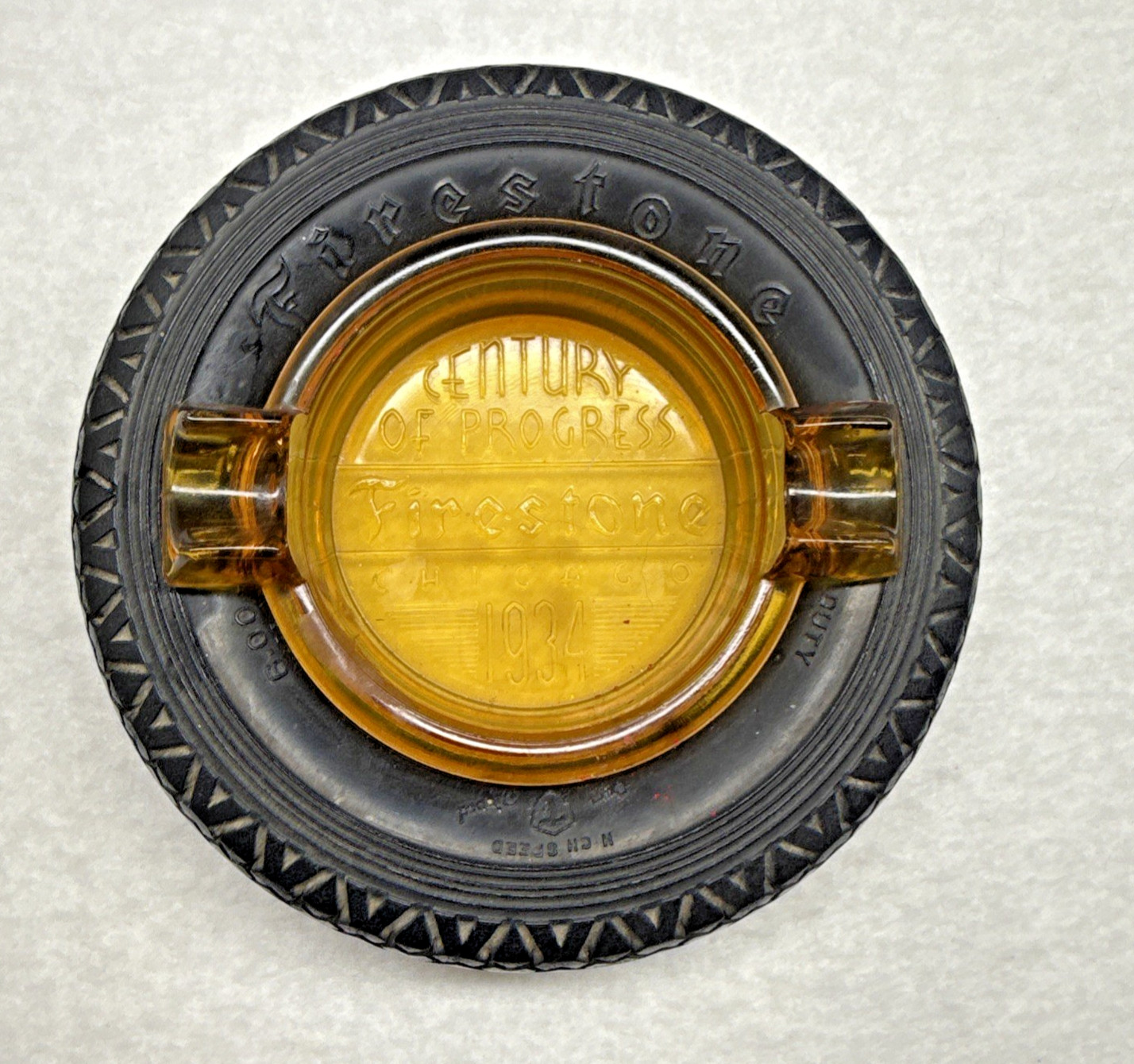Firestone 1934 Century of Progress Chicago World\'s Fair Tire Ashtray Amber Glass