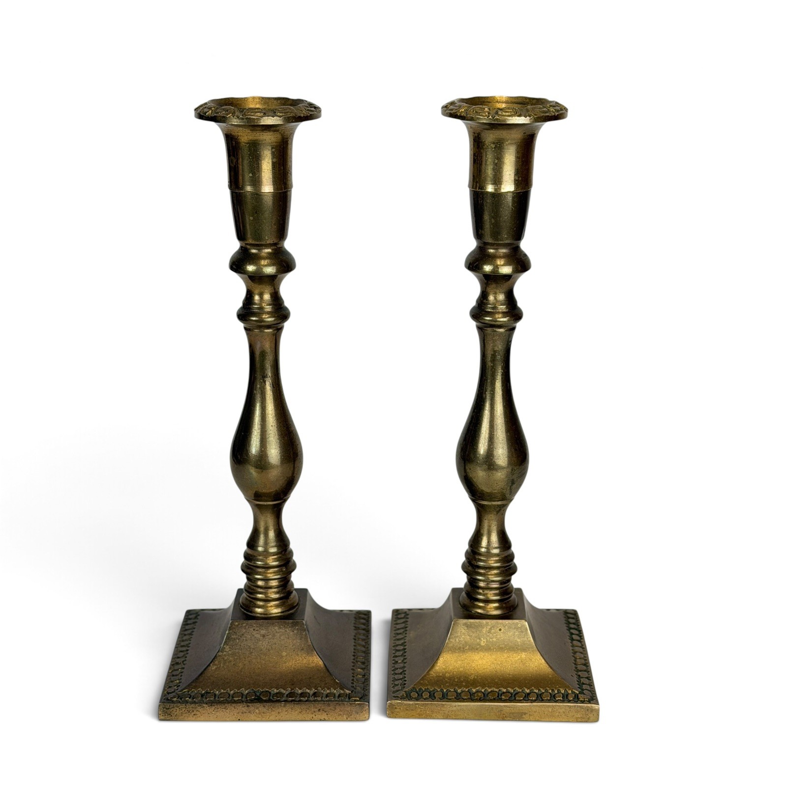 Vtg 9” Pair of Solid Brass Candlestick Holders Beaded Square Base Made in Taiwan