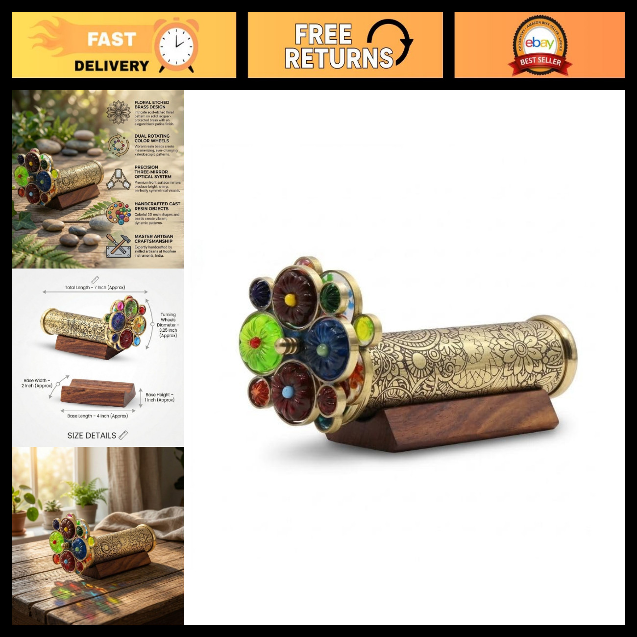Handcrafted Floral Etched Brass Kaleidoscope with Dual Turning Wheels - 7\