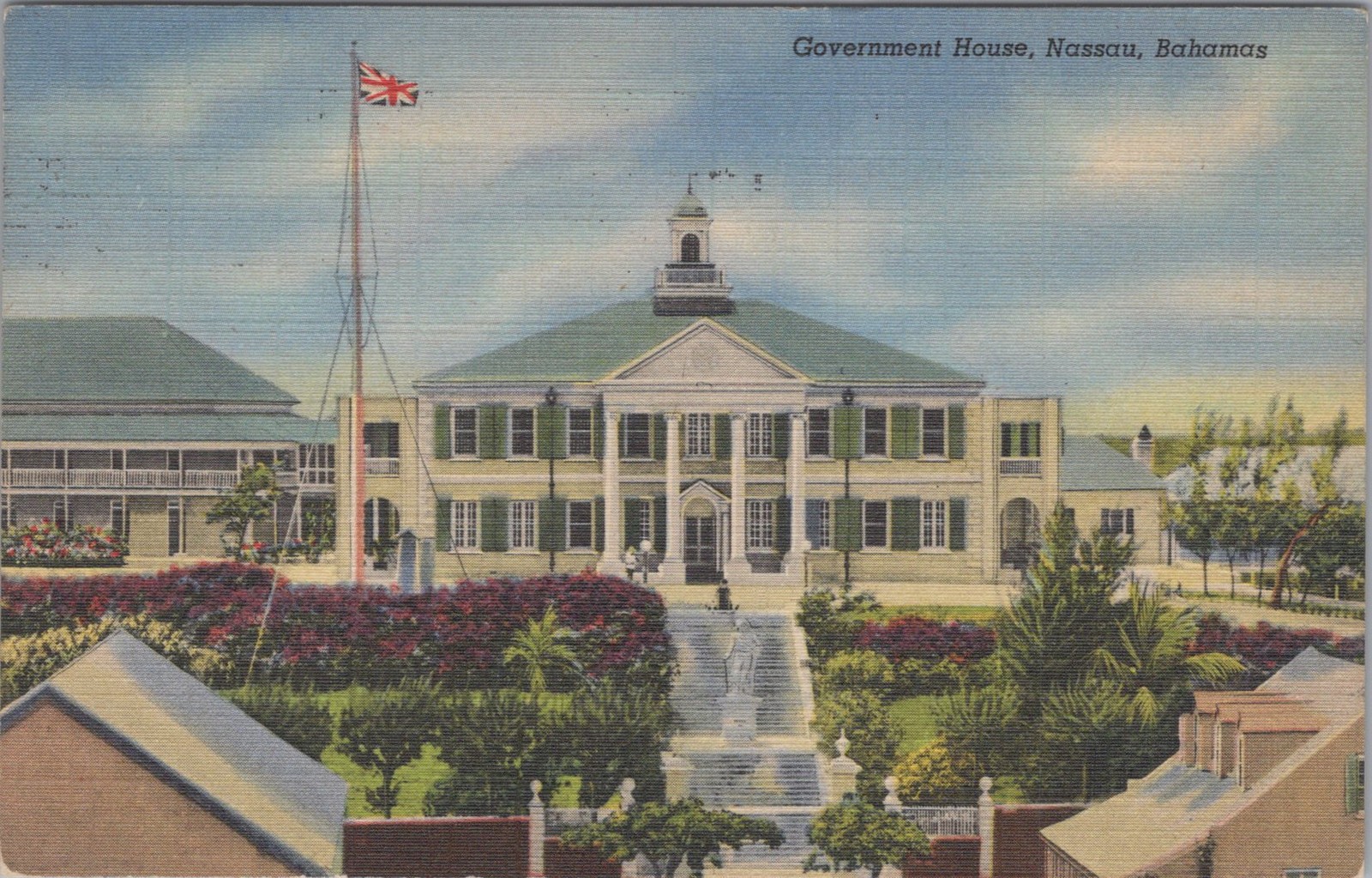 Government House Nassau Bahamas Columbus Statue Curt Teich Linen 1950 Postcard
