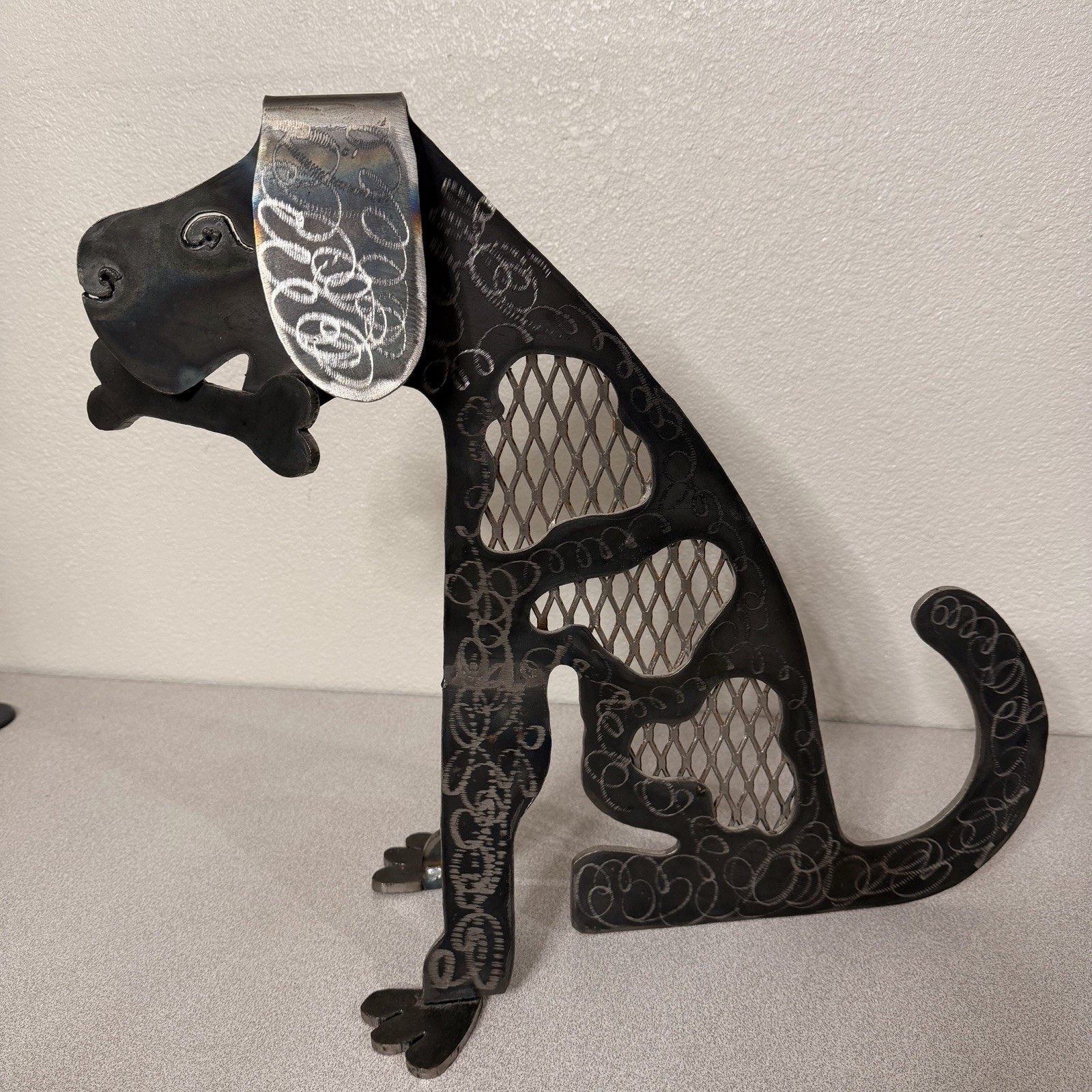 Large Handcrafted Welded Metal Dog Sculpture W/  Bone Folk Art 19in Industrial