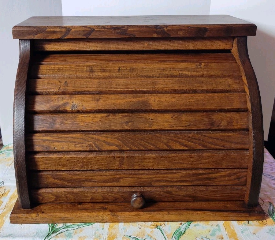 Vintage MCM Roll Top Bread Box Top Storage Primitive Rustic Farmhouse Dark Wood