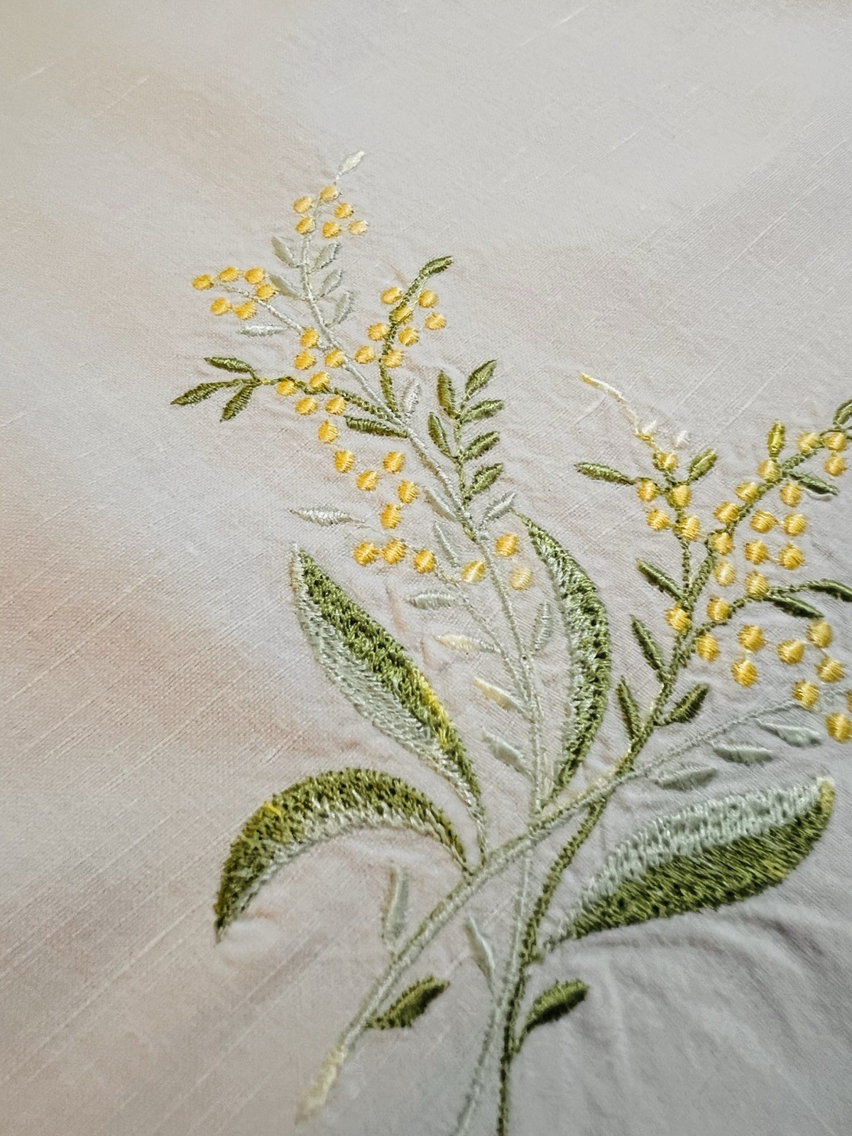 Vintage Hand Embroidered Tablecloth Yellow Mimosa Branches Scalloped Edges