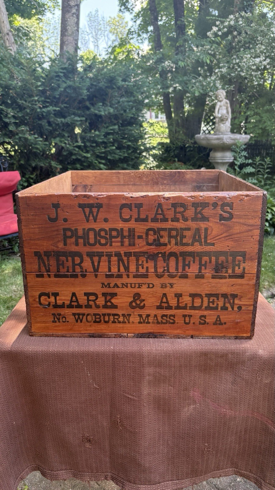 21” X 22” Large Vintage Wooden Crate NERVINE COFFEE by CLARK & ALDEN WOBURN MAS 21” X 22” Large Vintage Wooden Crate NERVINE COFFEE by CLARK & ALDEN WOBURN MAS