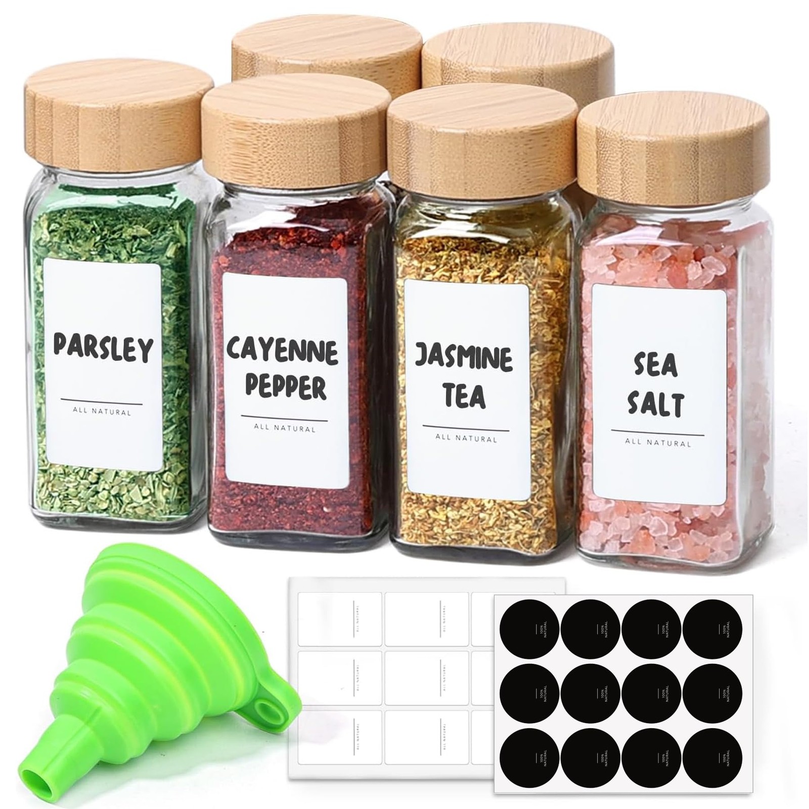 ComSaf Glass Spice Jars with Labels 4 oz 6 Pack 4OZ, 4oz*6 Bamboo Lids