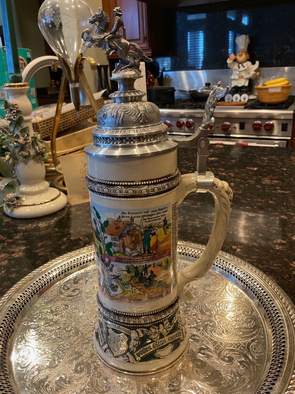 German Military Pewter Lidded Ceramic Handpainted Scenes Collectible Stein