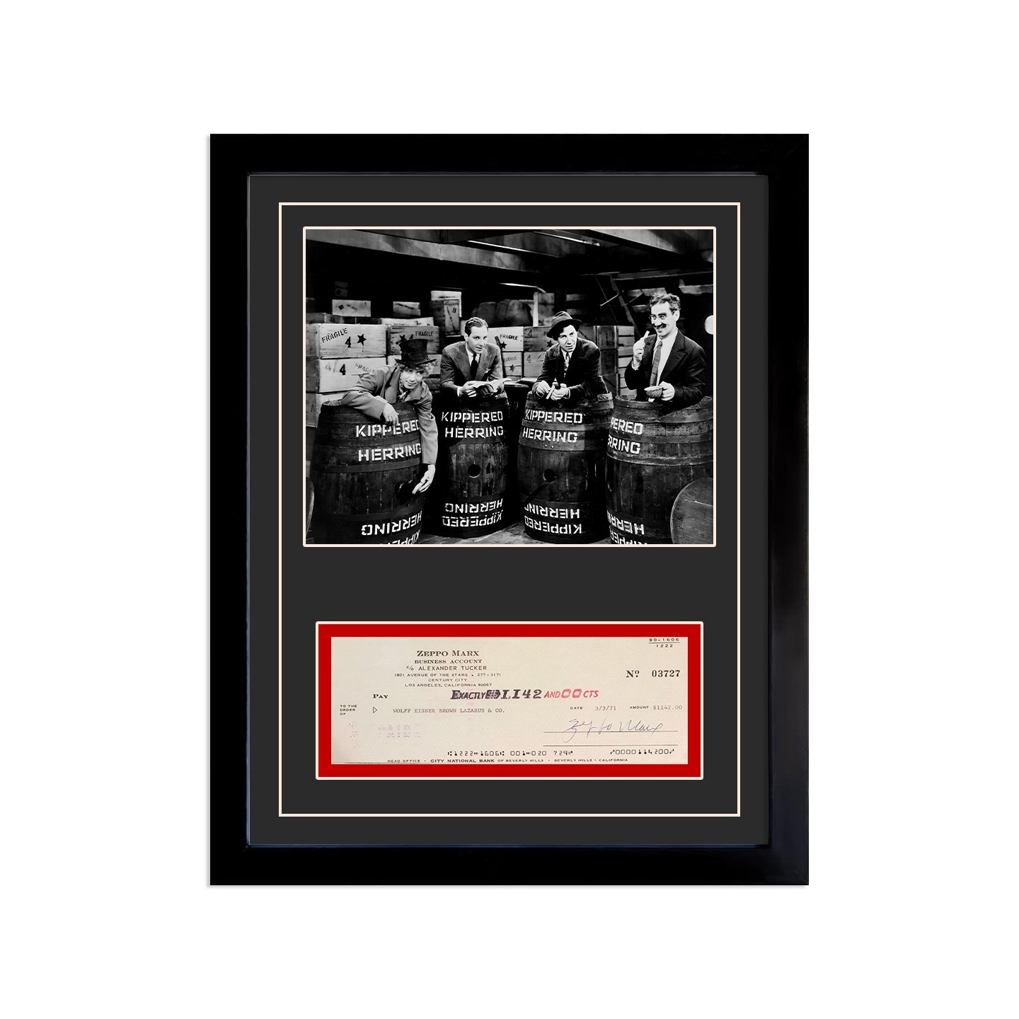 Zeppo Marx Signed Cancelled Check Framed Display Zeppo Marx Signed Cancelled Check Framed Display
