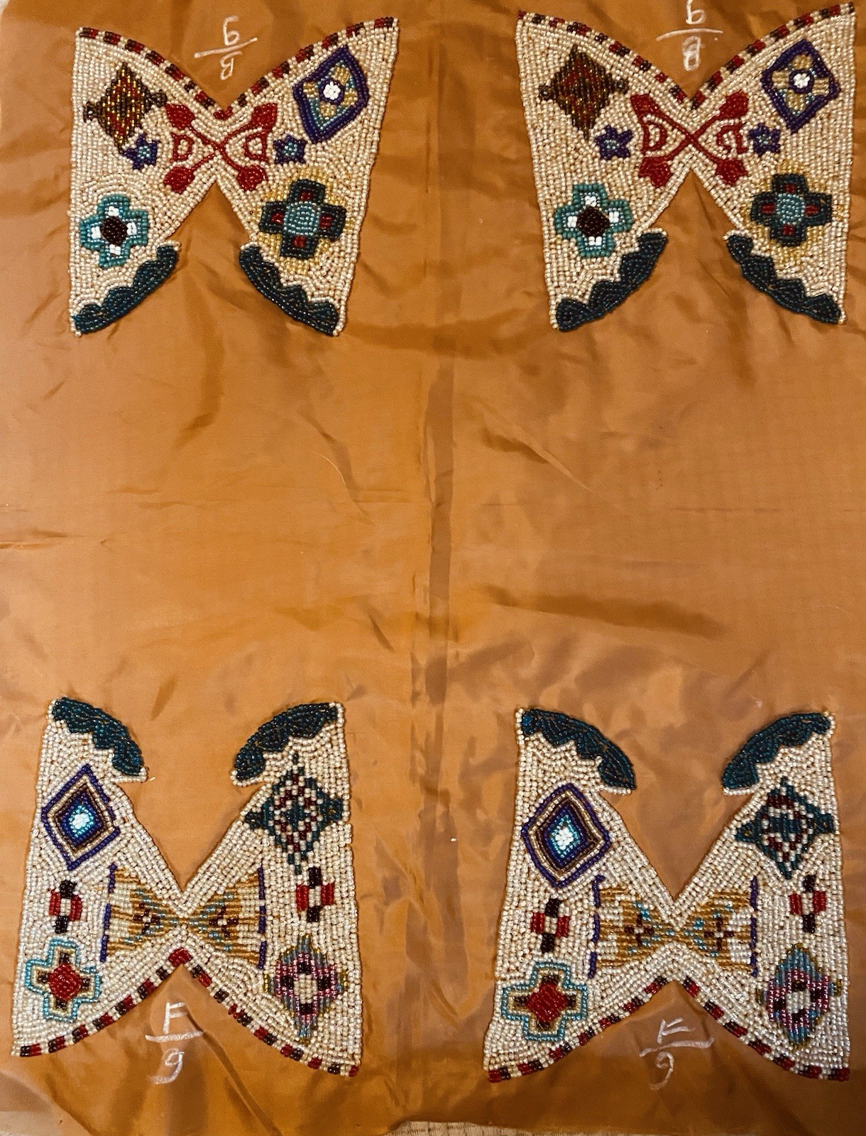 4 Native American (?) Beadwork on Fabric 5” Wide x 5” Long 2 Each 2 Designs New
