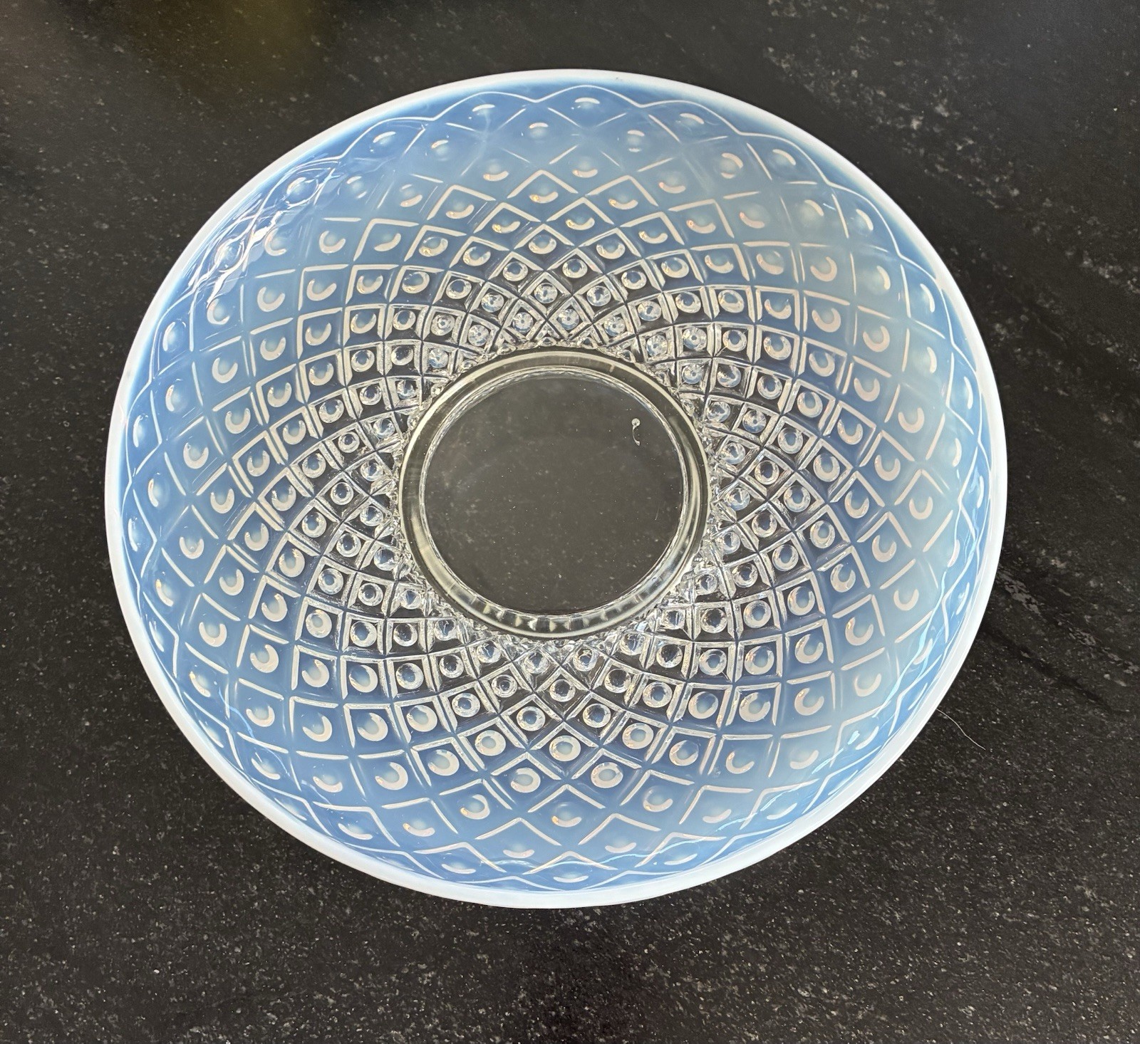 Vintage Opalescent Pressed Glass 10” Diamond Lace Footed Dish 1940-1950’s