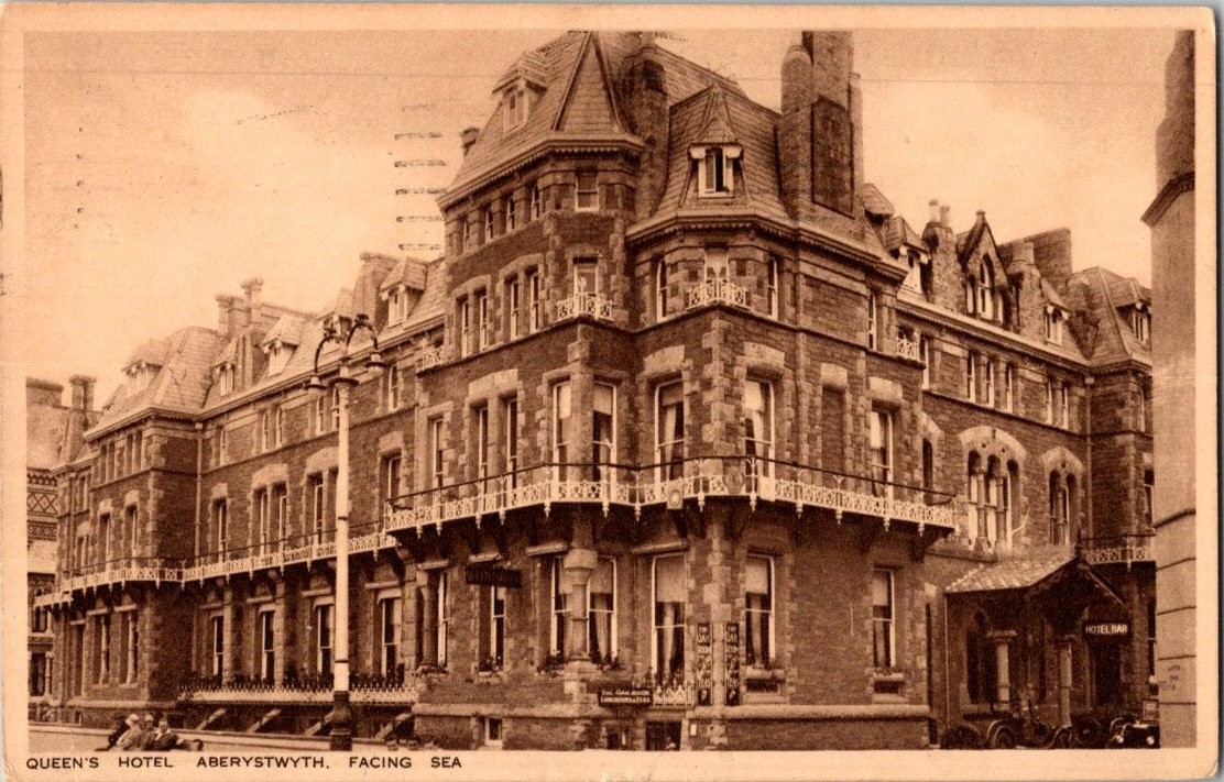 Vintage Queen's Hotel Aberystwyth Wales Postcard 1934 Sea View