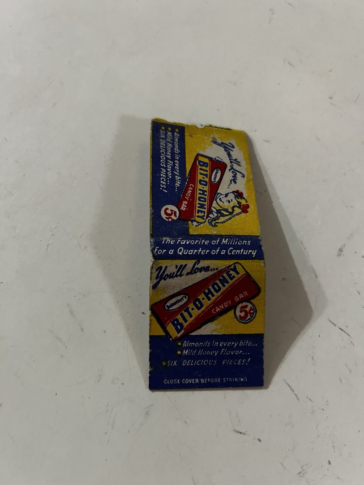 Vintage Bit-O-Honey Candy Bar Matchbook Cover Schutters 5 Cent Advertising 1950s