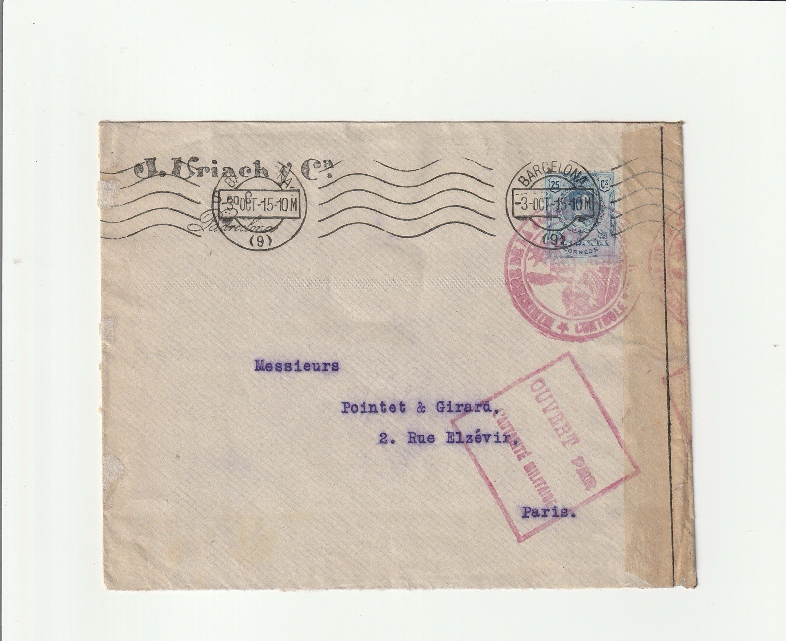 1915 Barcelona Paris Censored Letter WW1 Open Military Authority 25c