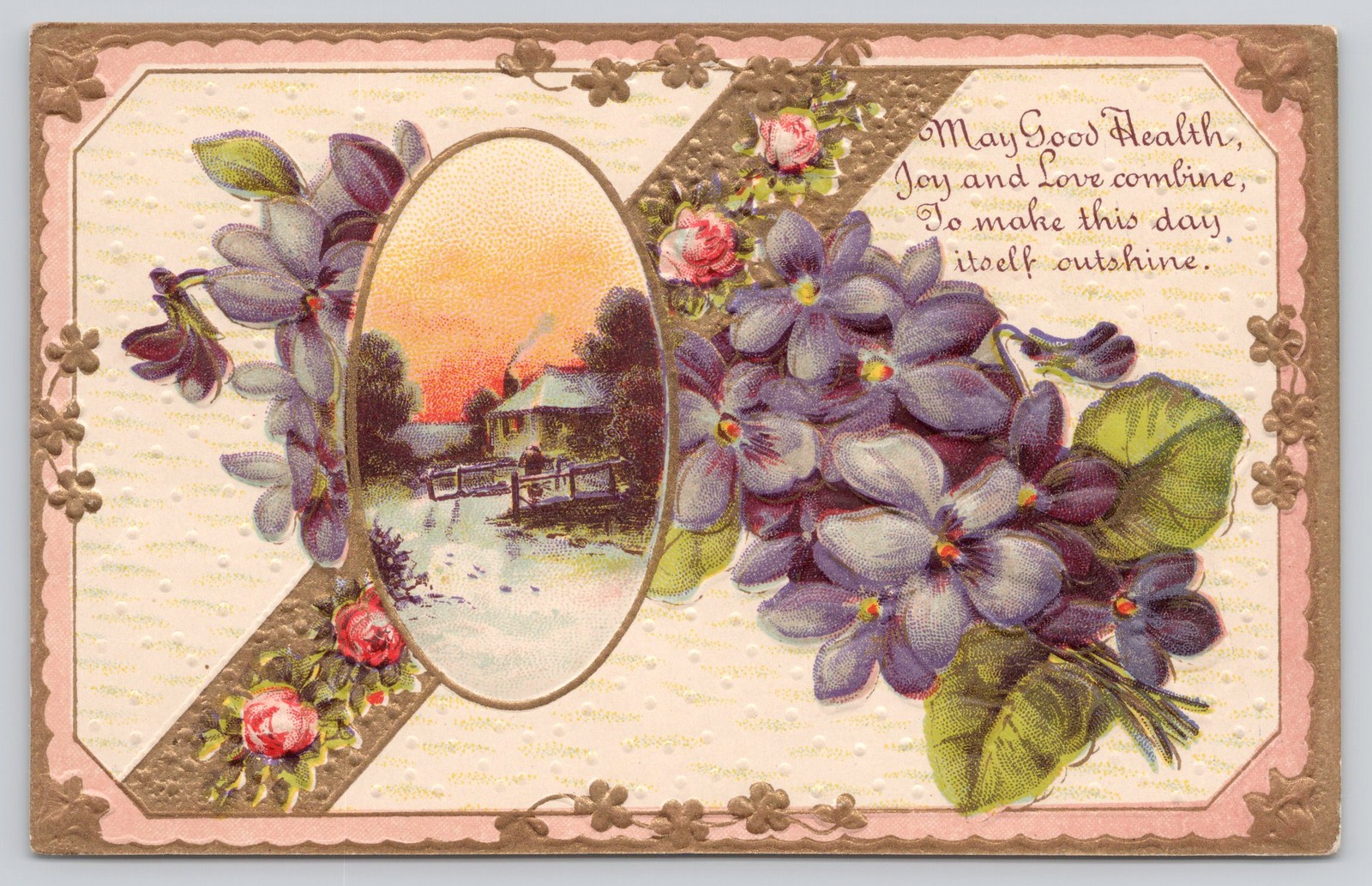 May Good Health Greeting Postcard Violets Winter Scene c1910 Germany