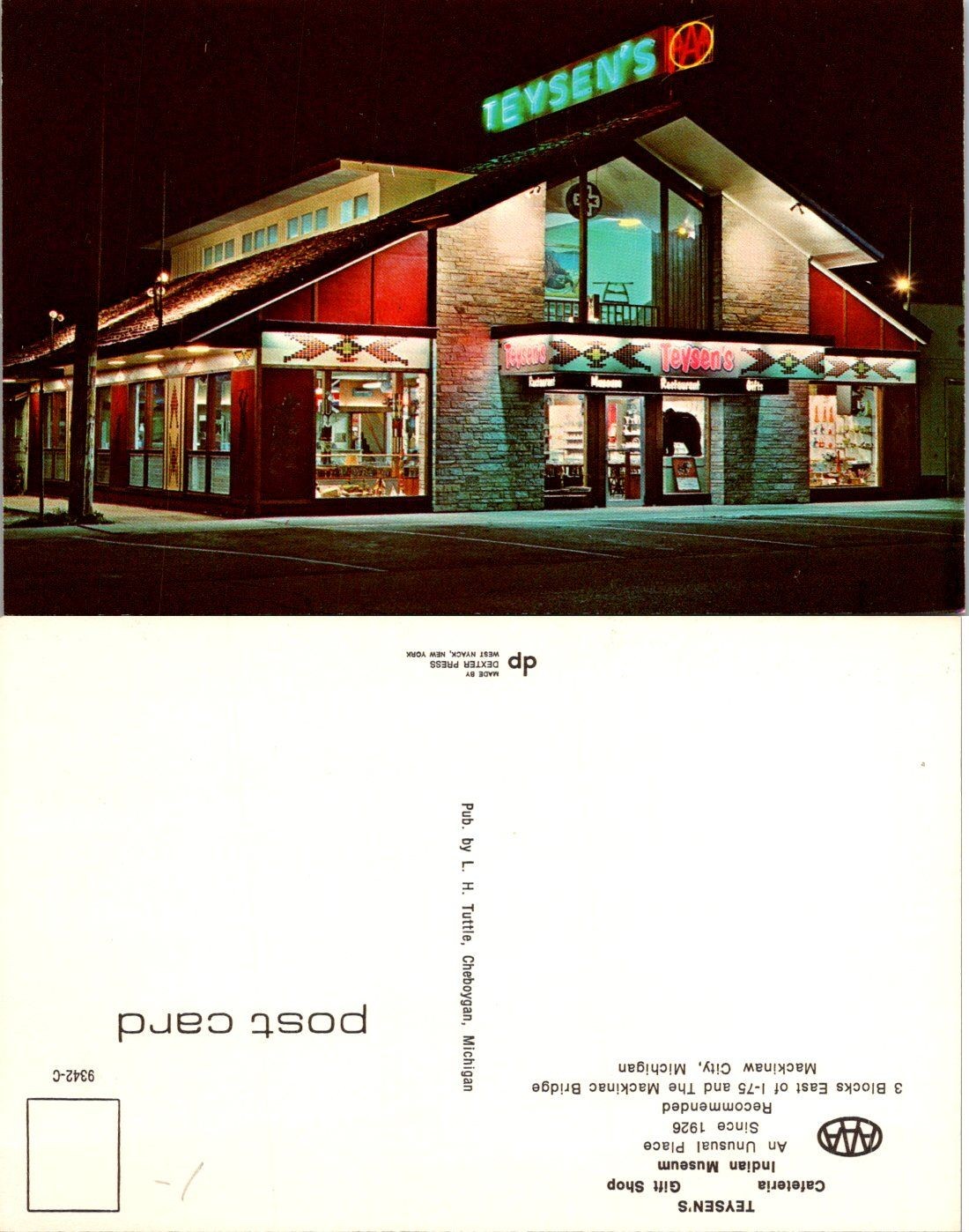 Teysens Postcard Mackinaw City MI Dexter Press 9342-C Night Neon Storefront Teysens Postcard Mackinaw City MI Dexter Press 9342-C Night Neon Storefront