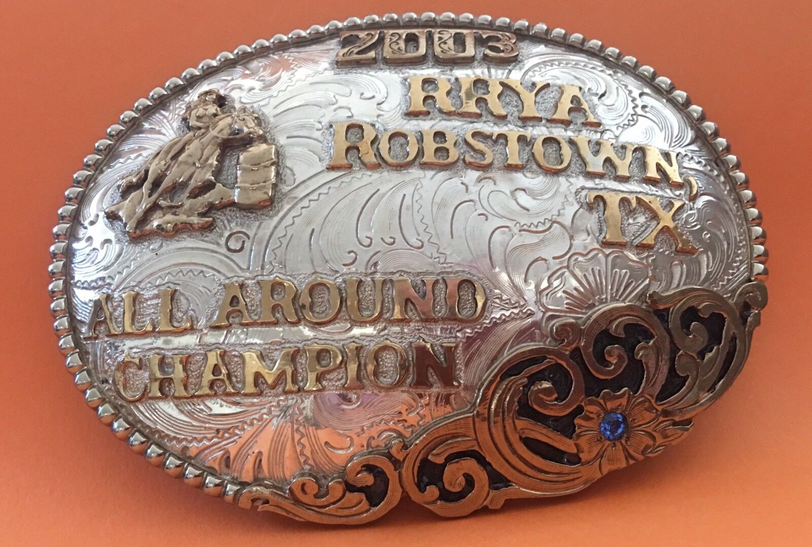 2003 RRYA Robstown Texas Rodeo Maynard Silver Champion Gem Trophy Belt Buckle