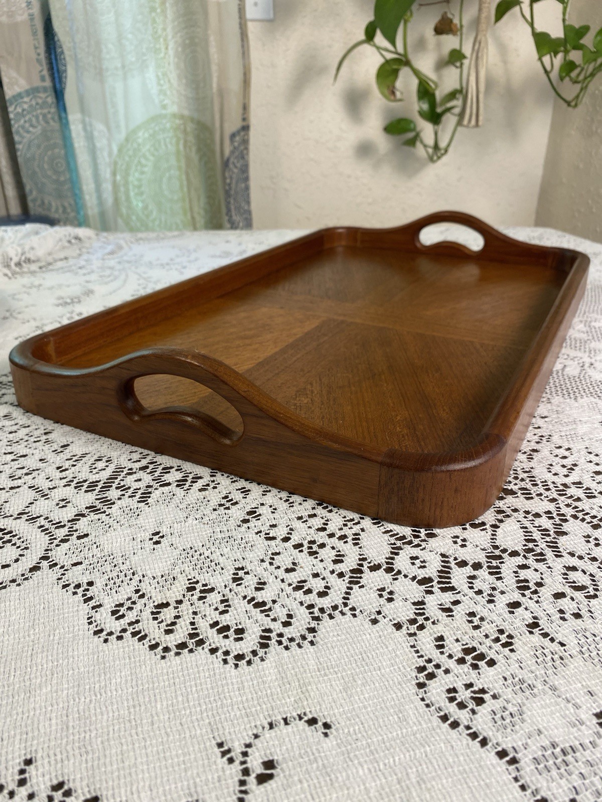 Vintage GOODWOOD Large Teak Wood Serving Tray Handles 21” x 13” MCM 70s Boho