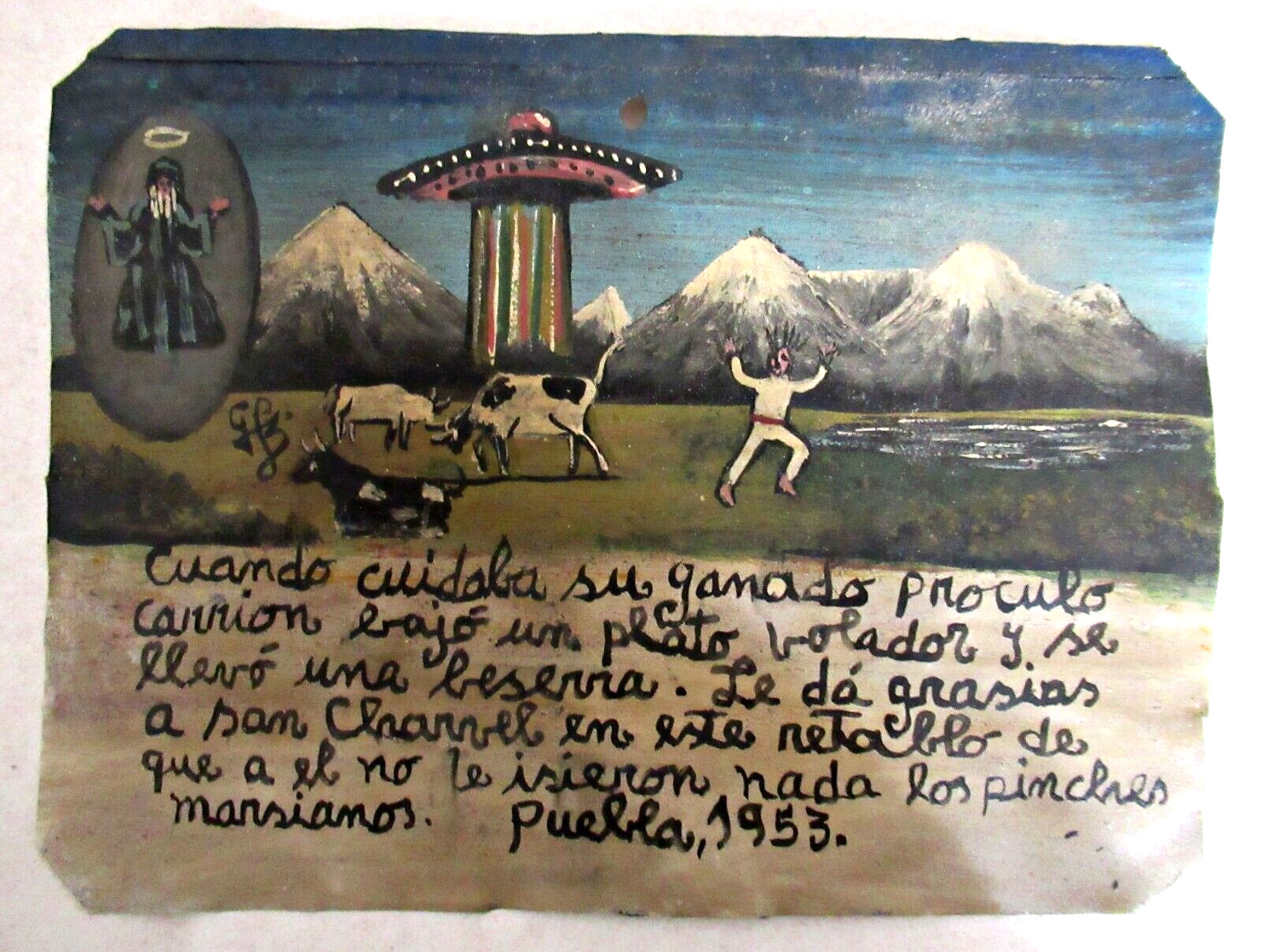 VTG 1953 HP MEXICAN TIN RETABLO SAN CHARBEL SAVE MAN FROM FLYING SAUCER MARTIANS