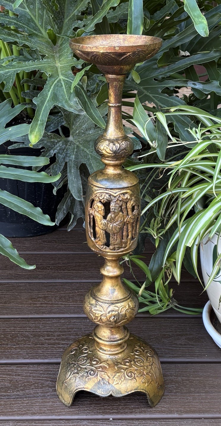 Antique Vintage Asian Brass Altar Candlestick Buddha Floral Repoussé & Pierced
