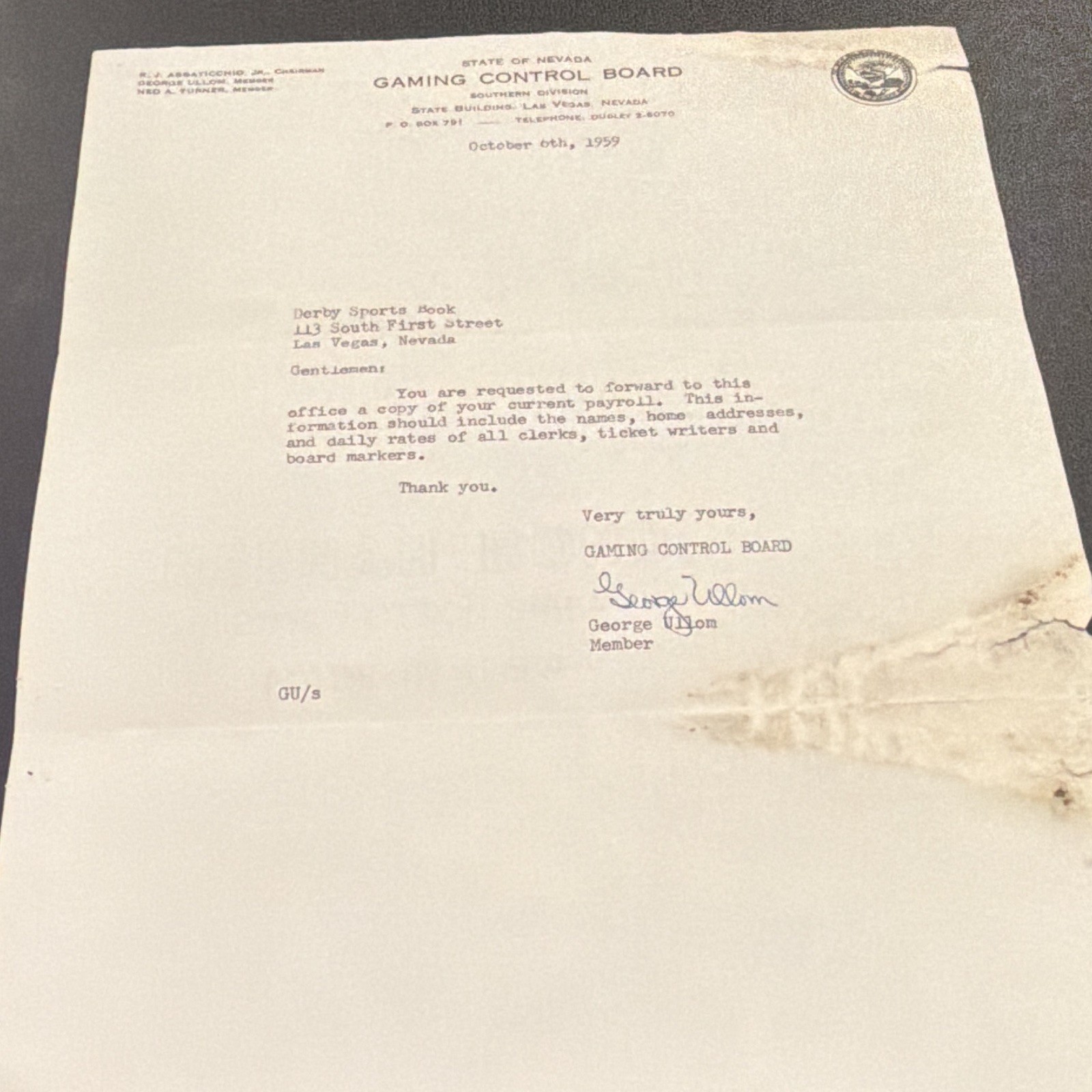 1959 Nevada Gaming Control Board Signed Letter Derby Sports Book Jackie Gaughan