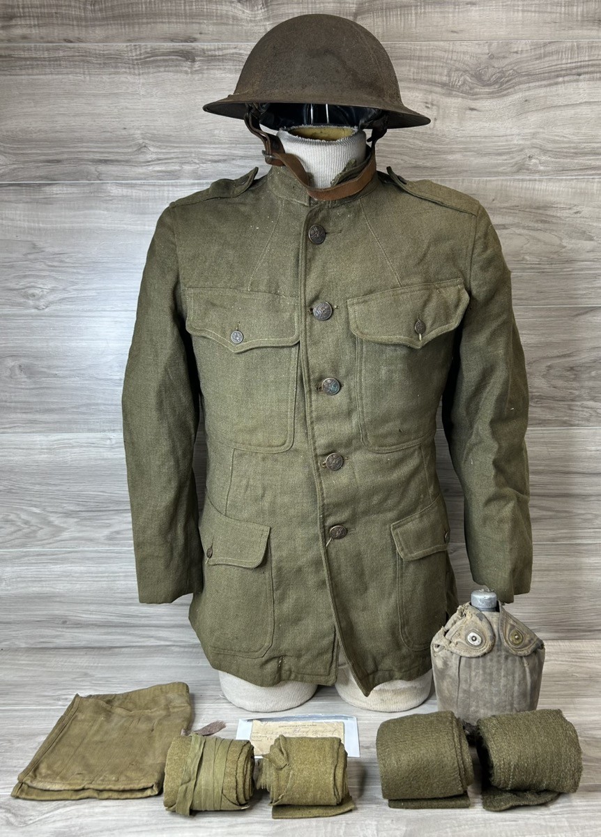 US WWI Military Uniform Tunic Helmet Canteen Puttees Grouping (PO1027359)